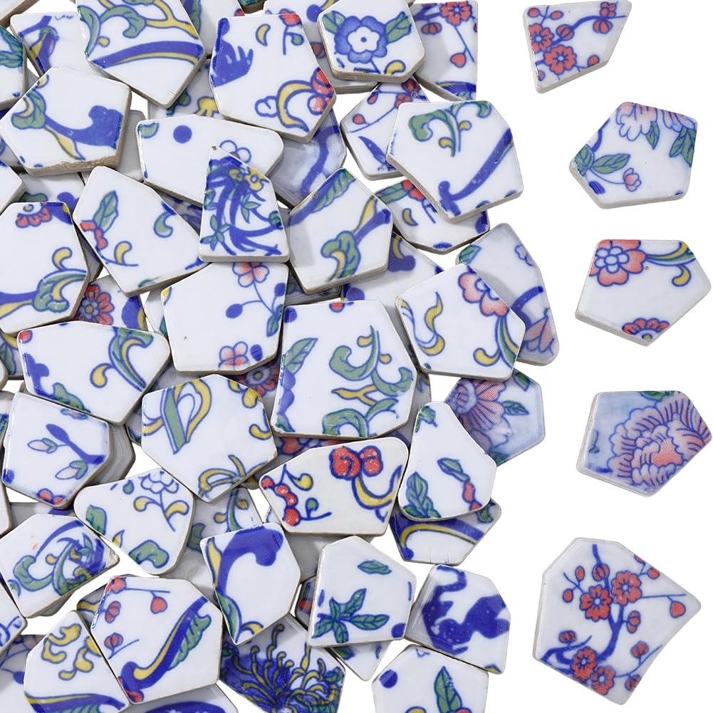 SOFPLATE 500g Broken Ceramic Tile Blue and White Porcelain Tiles Bulk Random Shape China Flower Pattern Irregular Mosaic Pieces for DIY Crafts Plates Flowerpots Cups Home Decor Mosaic Arts Supplies