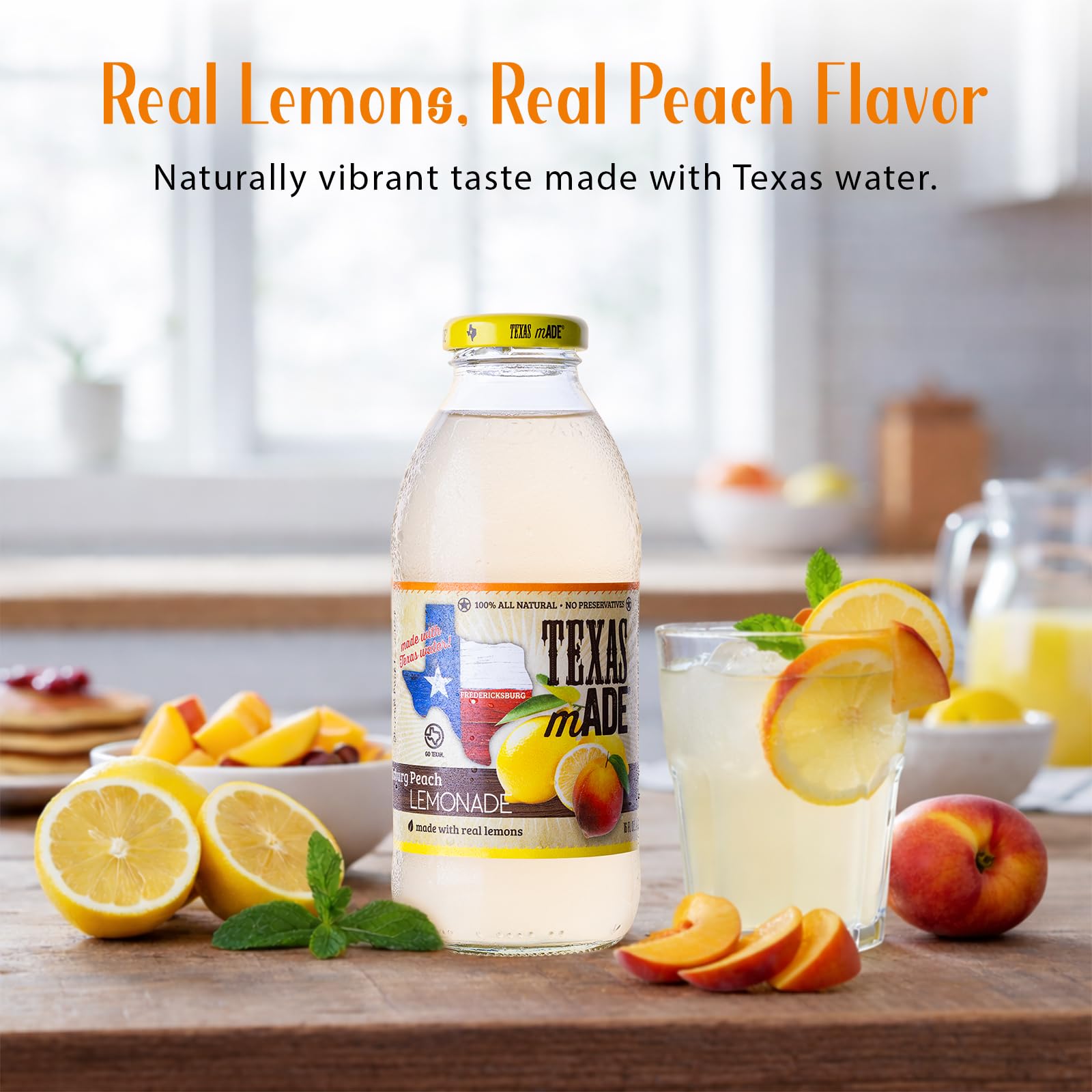 Texas mADE Fredericksburg Peach Lemonade, Lemonade Made with Pure Cane Sugar and Peach Flavor, No Preservatives, Texas Crafted Lemonade, 16 fl oz, Pack of 12