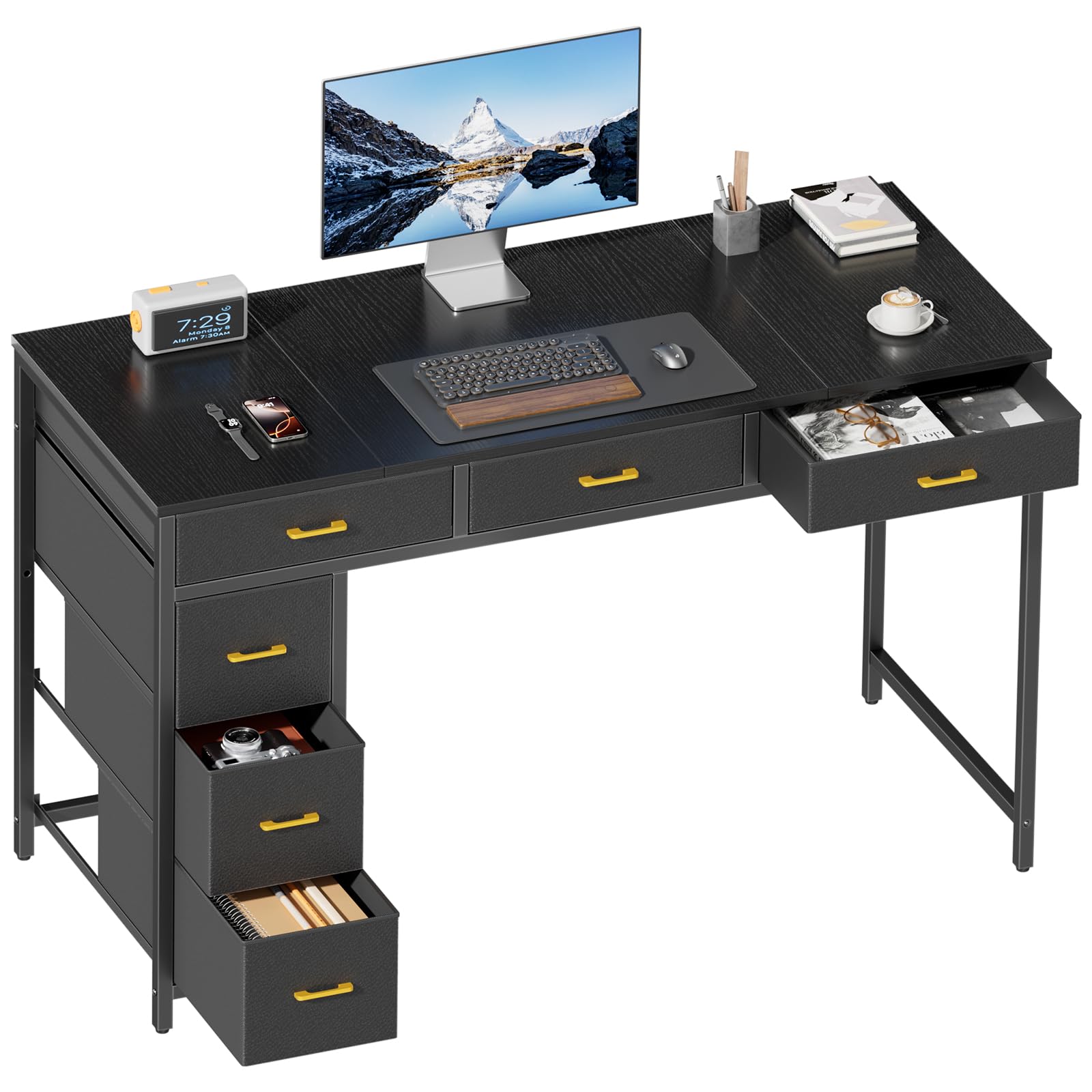 DLONGONE Computer Desk with Drawers, 120 x 50 cm Home Office Desk, Reversible Study Table with Storage, Desks & Workstations for Workers, Students and Gamers, Black