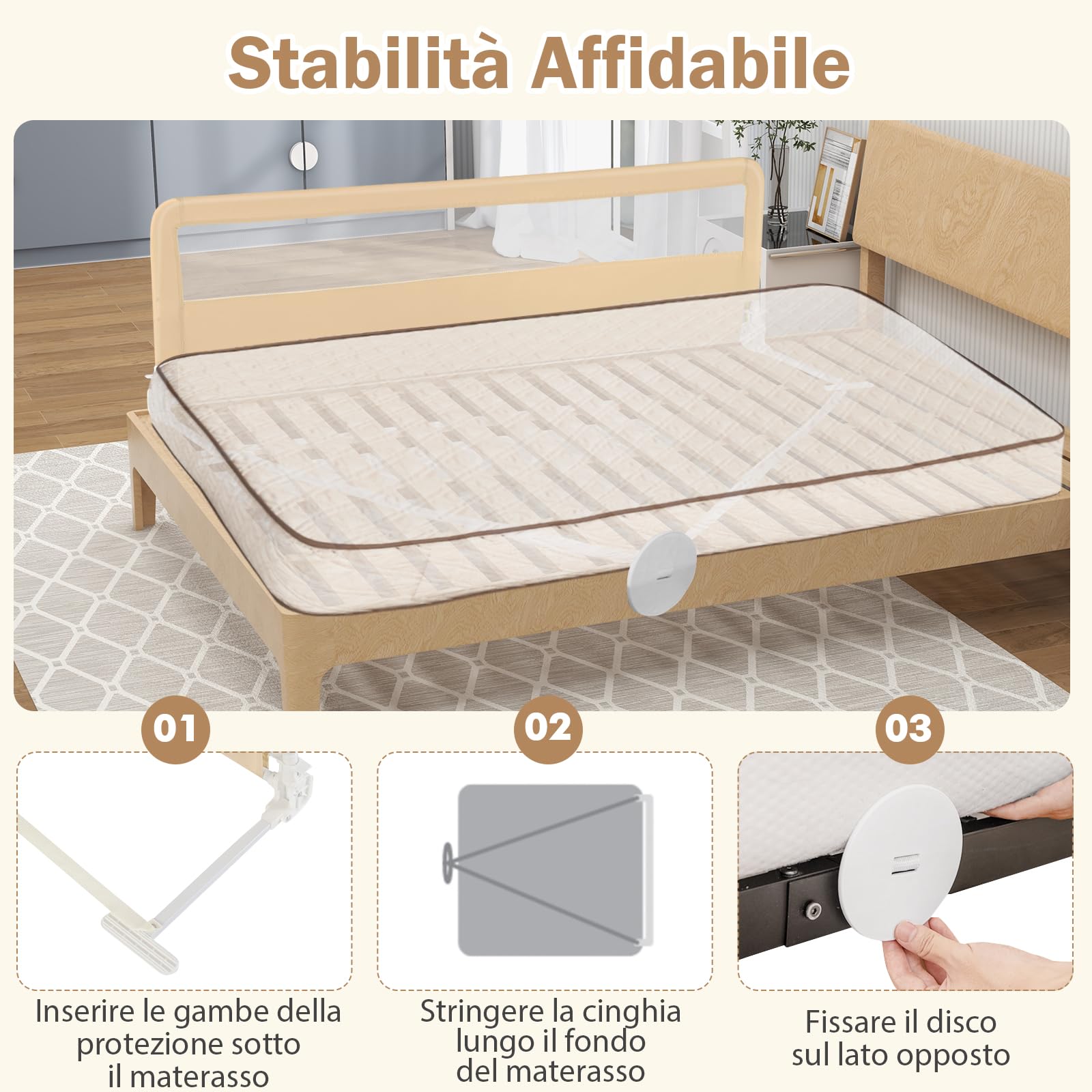 COSTWAY Barriera Letto per Bambini di 180 cm, Sponda di Sicurezza Pieghevole con Copertura Rimovibile, Rete Traspirante, Sbarra da Letto per Letti Singoli e Matrimoniali, 180 x 41 x 55 cm (Beige)