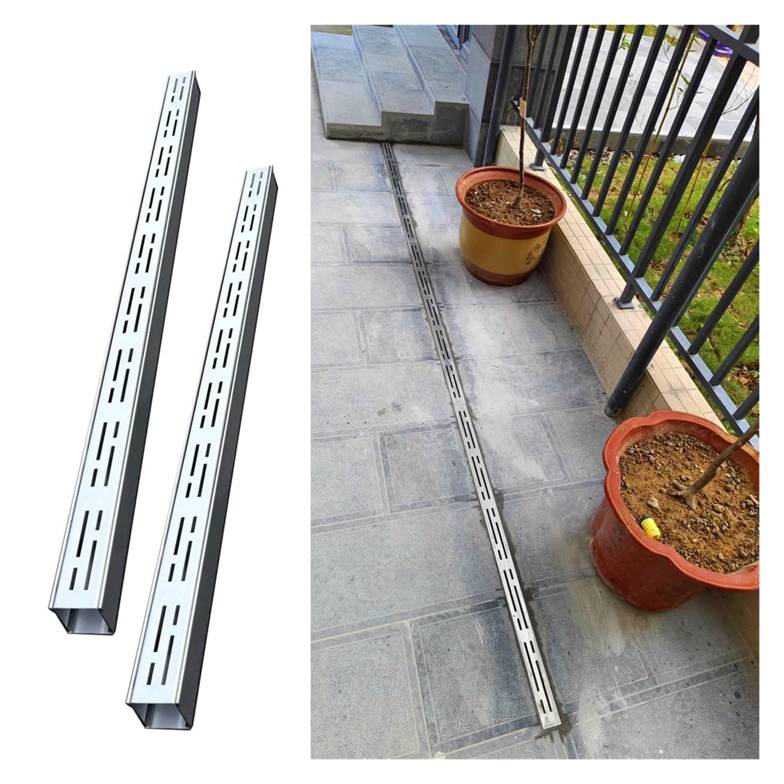 WQPMNYG 2m Stainless Steel Drainage Channel for Driveways & Patios, Slim Outdoor Trench Drain with Narrow Grate, Effective Water Drainage System (Set of 2, 7x5cm)