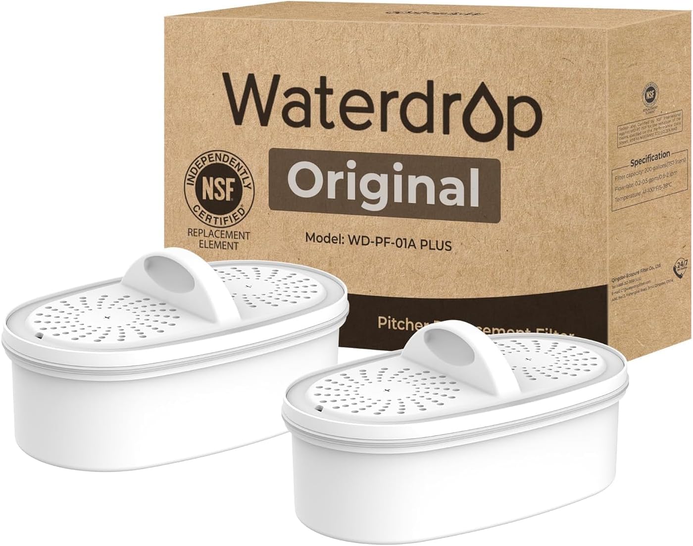 [Original] Waterdrop WD-PF-01A Plus Replacement Filters for All Waterdrop Jug Filtration System, Last Up to 3 Months 757 Liters, NSF Certified (Pack of 2)