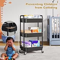 Vista 2 de 3 Tier Rolling Cart with Wheels, Black Plastic Three Tiered Shelf Organizer Carts on Lockable Wheels, Small Utility Storage Trolley for Diaper