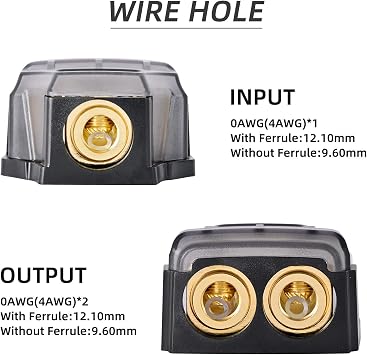 0/2/4 Gauge in 0/2/4 Gauge Out Copper Power Distribution Block for Car Audio Splitter(1 in 2 Out)