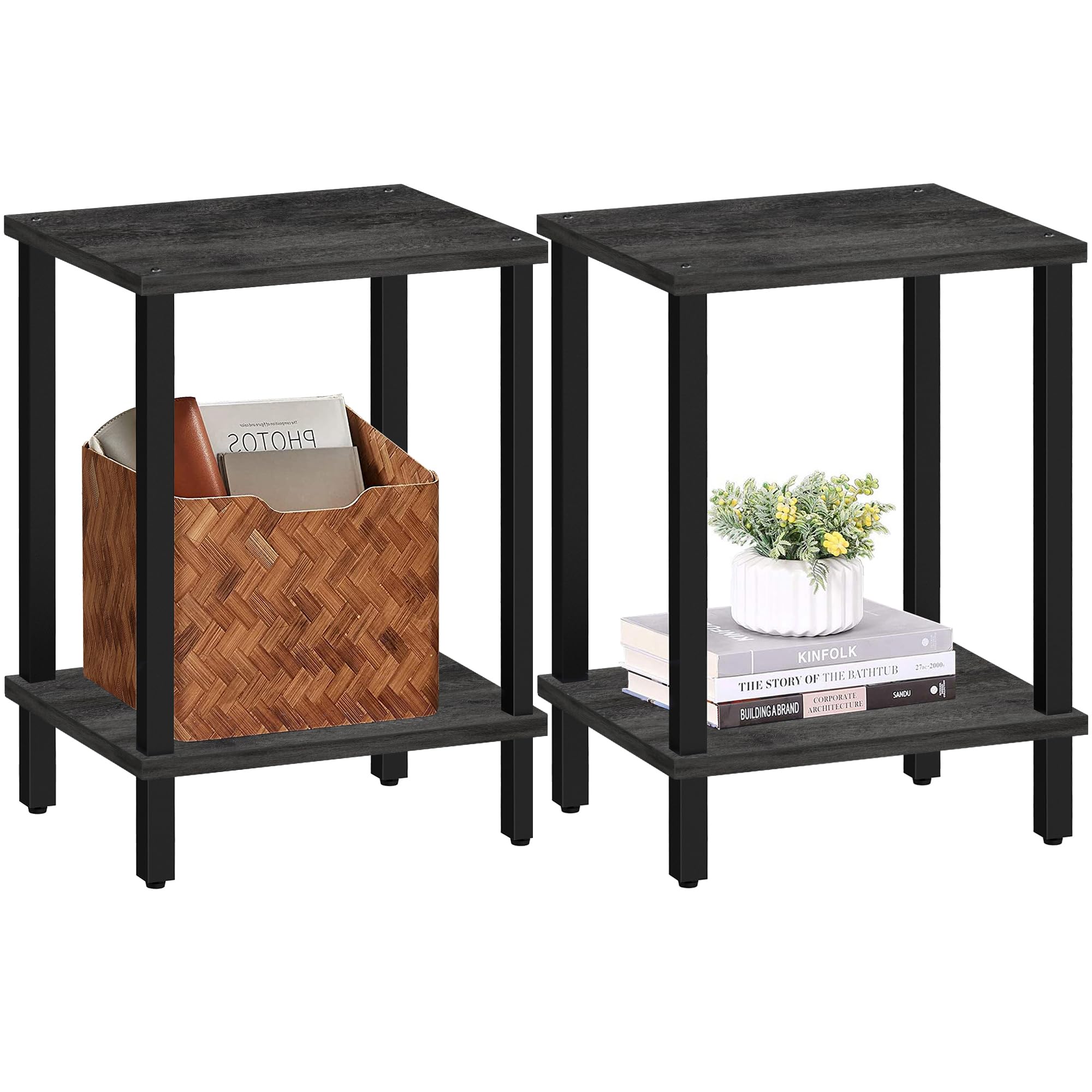 TUTOTAK End Table, Set of 2, Side Table, Nightstand, 2-Tier Storage Shelf, Sofa Table for Small Space, Living Room, Bed Room, Charcoal Grey TB01BY035(
