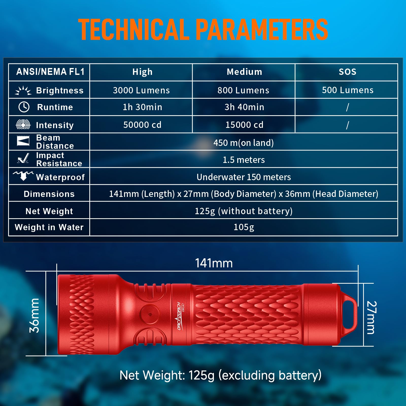 ORCATORCH ORCA7 Lampe de Plongée 3000 Lumens, Phare Sous-Marin à Faisceau Étroit 6° avec Mode SOS, Étanchéité IP68 150m pour Plongée de Nuit, Spéléologie et Plongée Technique (Rouge)