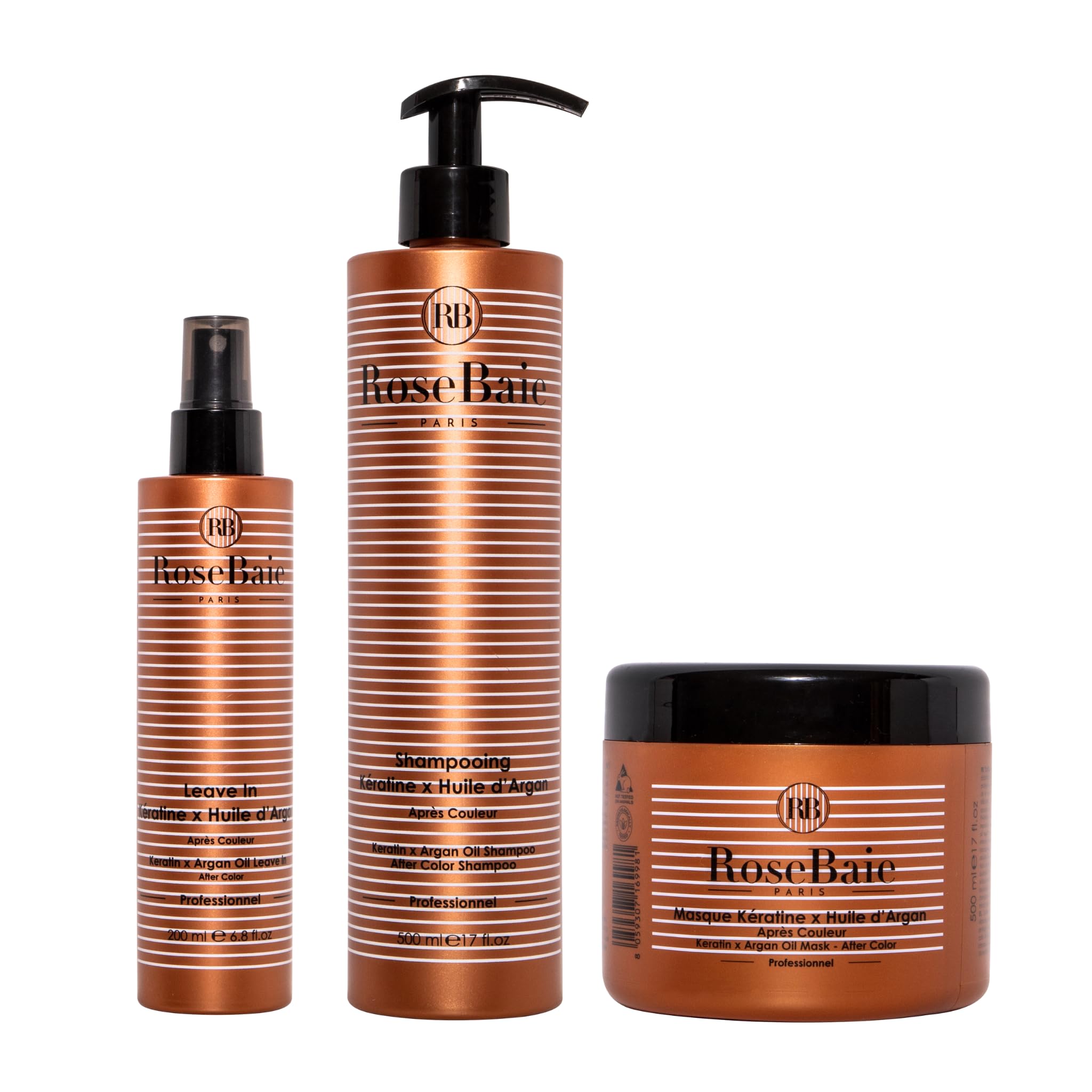 ROSEBAIE | Routine Solaire Argan & Kératine | Cheveux Colorés | Élimine Sable Chlore Sel | Protecteur Solaire | Shampoing 500ml | Masque 500ml | Spray Leave-In Sans Rinçage 200ml