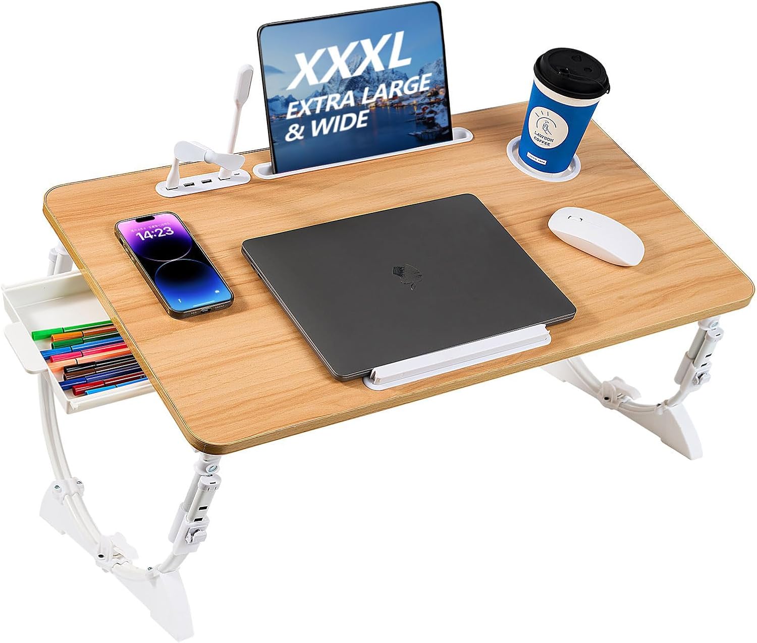 調節可能なノートパソコンベッドデスク、4つのUSBポート、収納引き出し、カップホルダー付き、XLサイズの折りたたみ式ベッド、ラップト