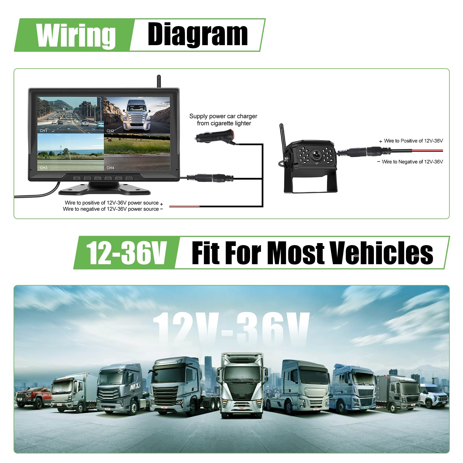 Cámara atrás Digital inalámbrica 4 cámaras, Monitor de Marcha atrás IPS HD de 10,1 Pulgadas con Pantalla Dividida y función de grabación, visión Nocturna, Monitor DVR y Resistente al Agua IP68