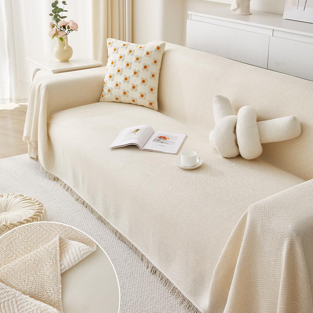 Fansu Sofa Cover Towel, Twill Fabric Reversible Multipurpose Blanket Sofa for Bed, Protective Cover of Sofas, Towel Covers, Sofa Cover for Home Sofa (Beige, 3 Seater Plus (180 x 340 cm)