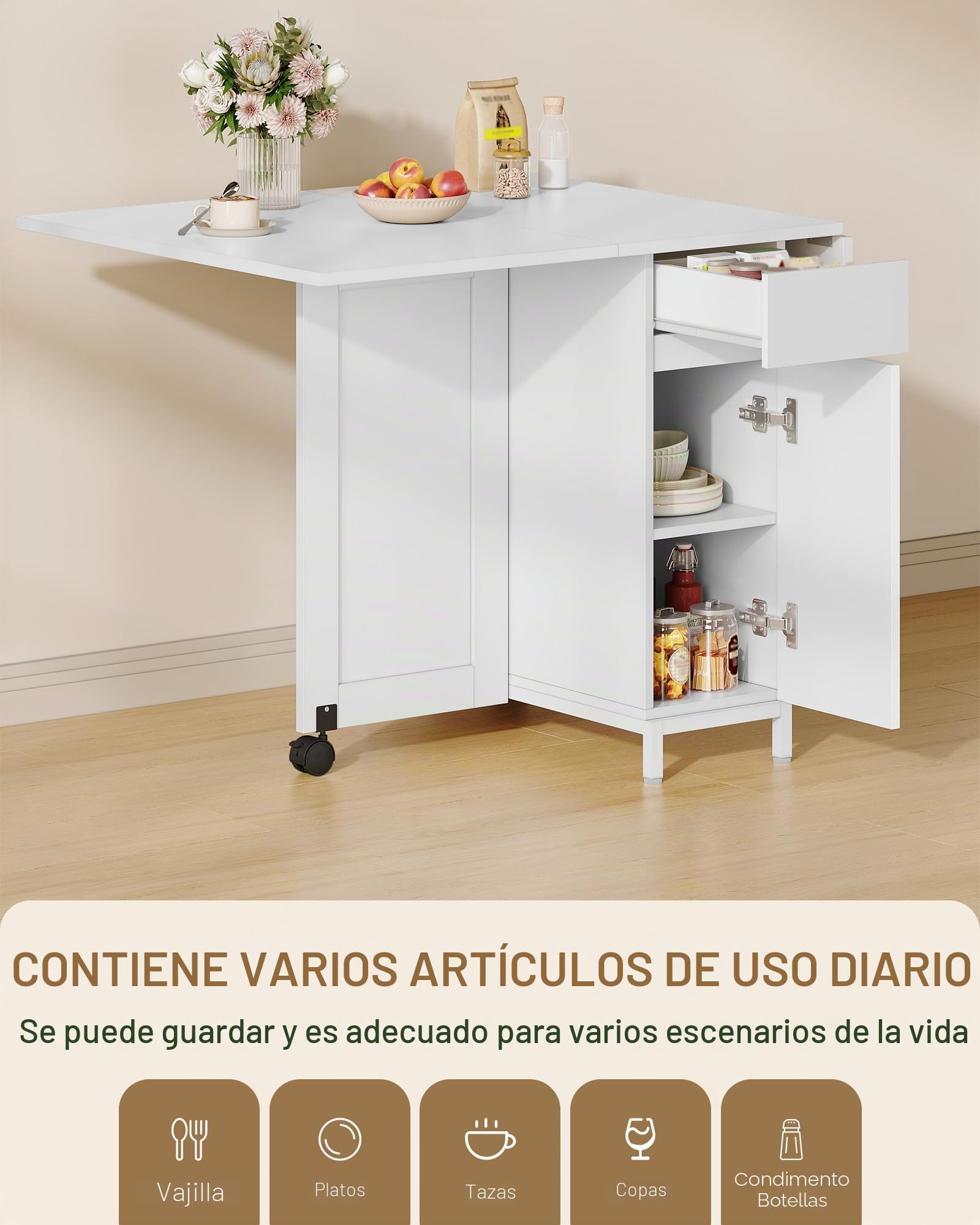 Hzuaneri Mesa Plegable Comedor, con Cajones, 140 x 75 x 75 cm, Blanco | Ahorra Espacio, con Compartimentos de Almacenamiento y Ruedas, Capacidad para 4 a 6 Personas, KT14003W