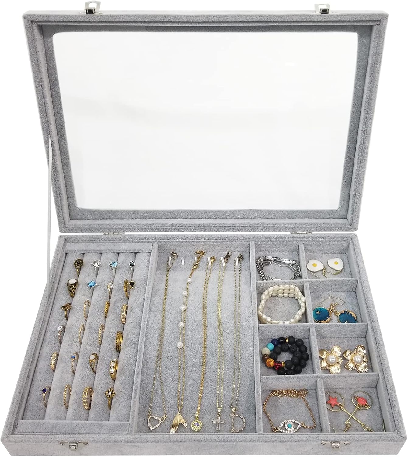 Ice Velvet Jewelry Organizer Box for Women Girlfriend Wife,Clear Lid Earrings Rings Necklace Bracelets Jewelry Tray Storage Case Grey