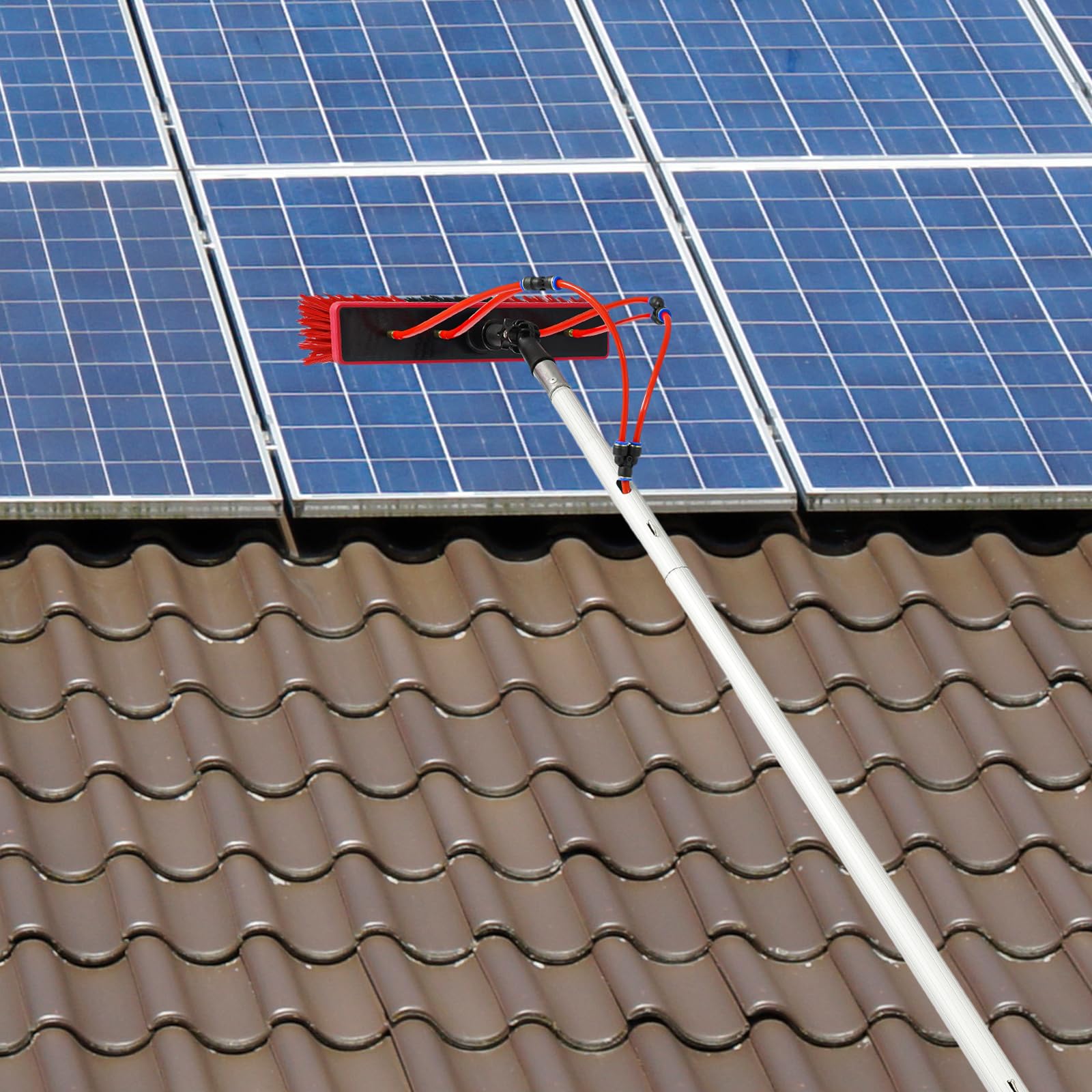 Cepillo de limpieza para paneles solares, cepillo de limpieza ajustable con barra telescópica de 5 m, cabezal de cepillo de 35 cm para limpieza fotovoltaica, limpieza de ventanas al aire