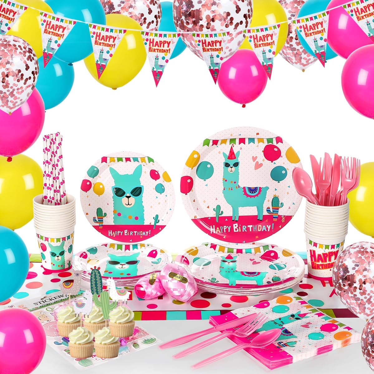Llama Party Supplies Set For Girls-24 guests- Alpaca Birthday Party Decorations, Include Alpaca Plates Cups Banner Balloons Cutlery Tablecloth Napkins Straws