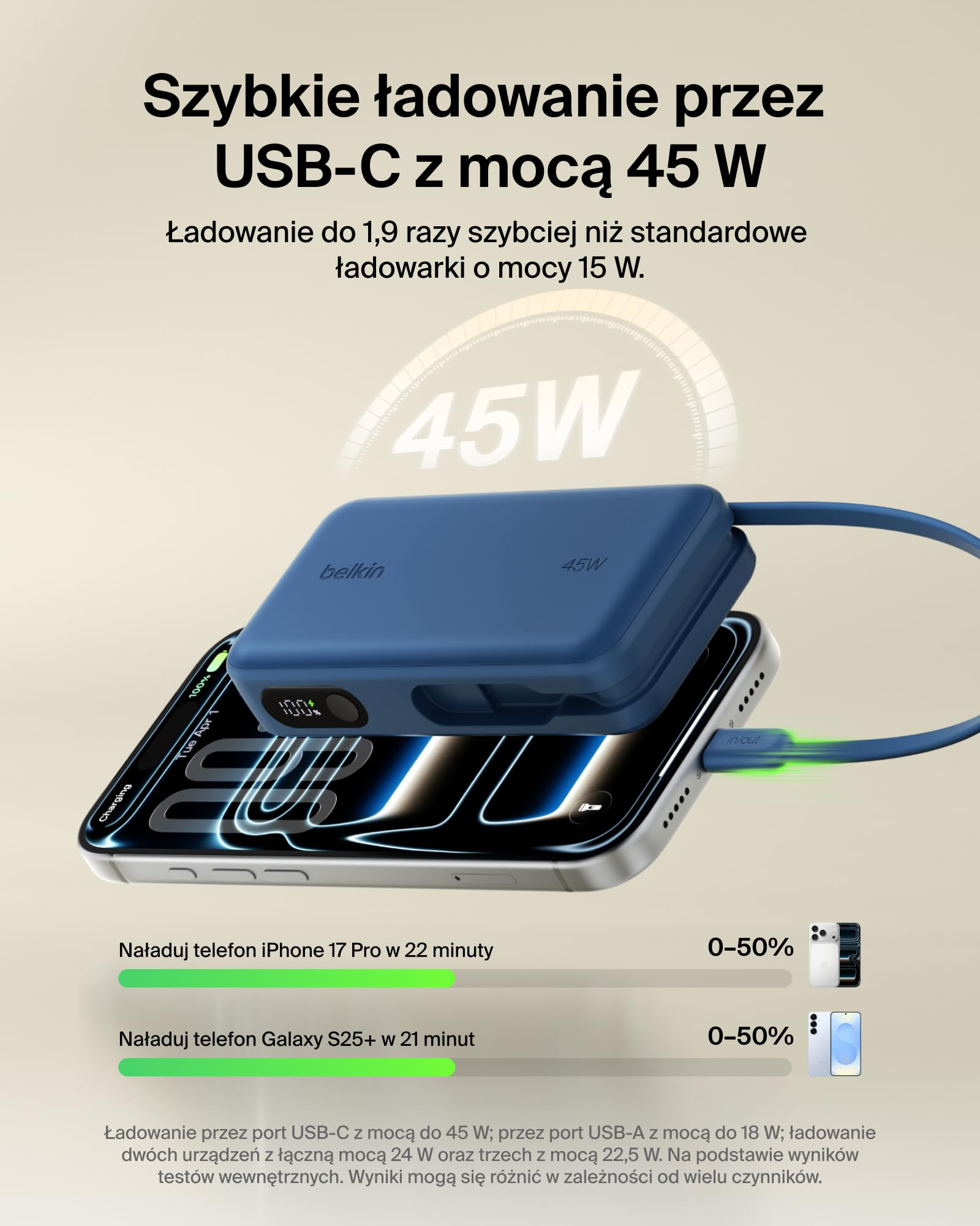 Belkin UltraCharge Powerbank 10 000 mAh, Kabel, Wyświetlacz – Niebieski | Powerbank 10 000 mAh, Ładowanie 3 Urządzeń (1 Port USB-C, 1 Port USB-A, Kabel USB-C), 45 W, Wstępnie Naładowany, Wyświetlacz