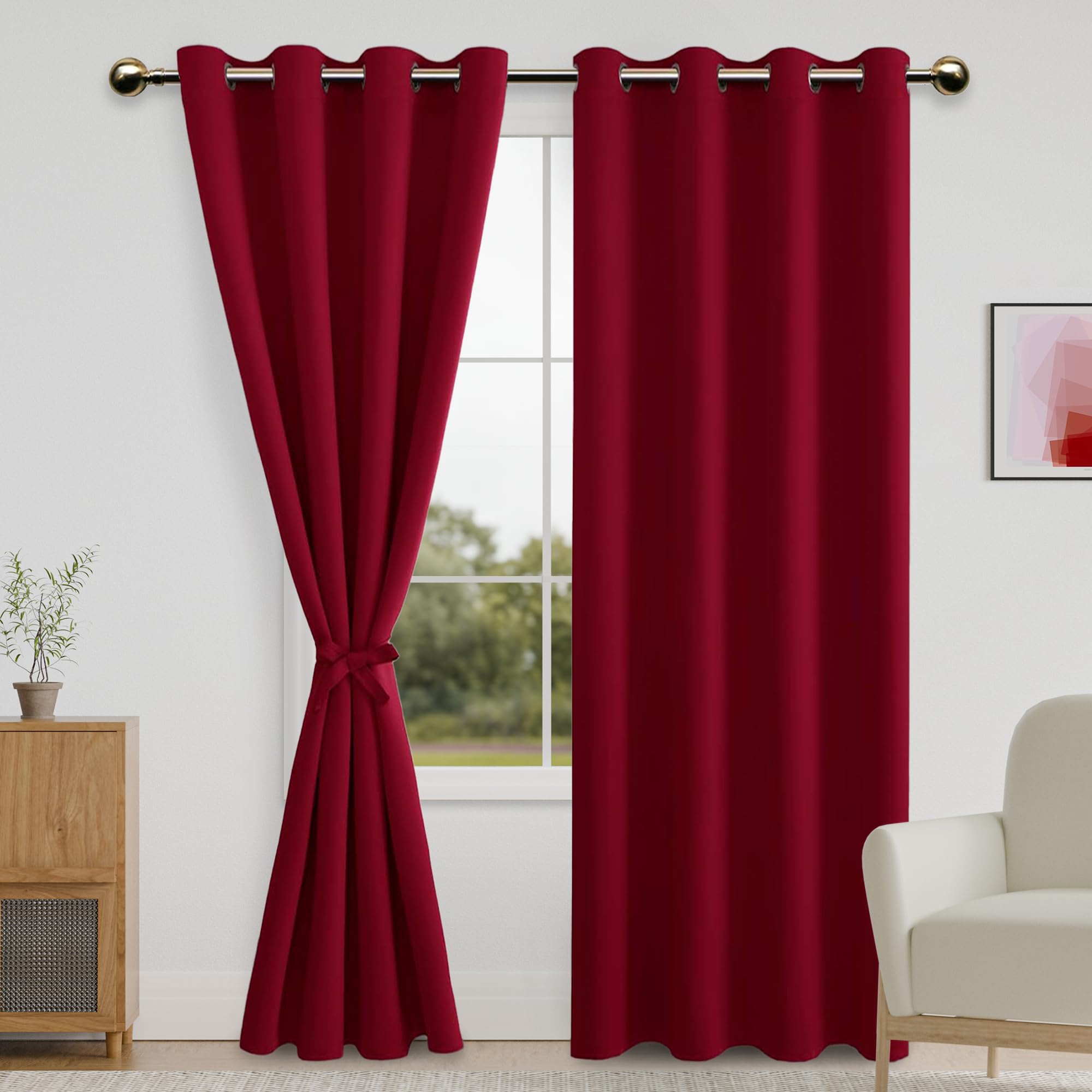DWCN Blackout Curtains with Tiebacks - Christmas Thermal Insulated Privacy Protection Grommet Window Curtains for Living Room Bedroom, 52 x 96 inch Length, Burgundy, Set of 2 Panels — image 1