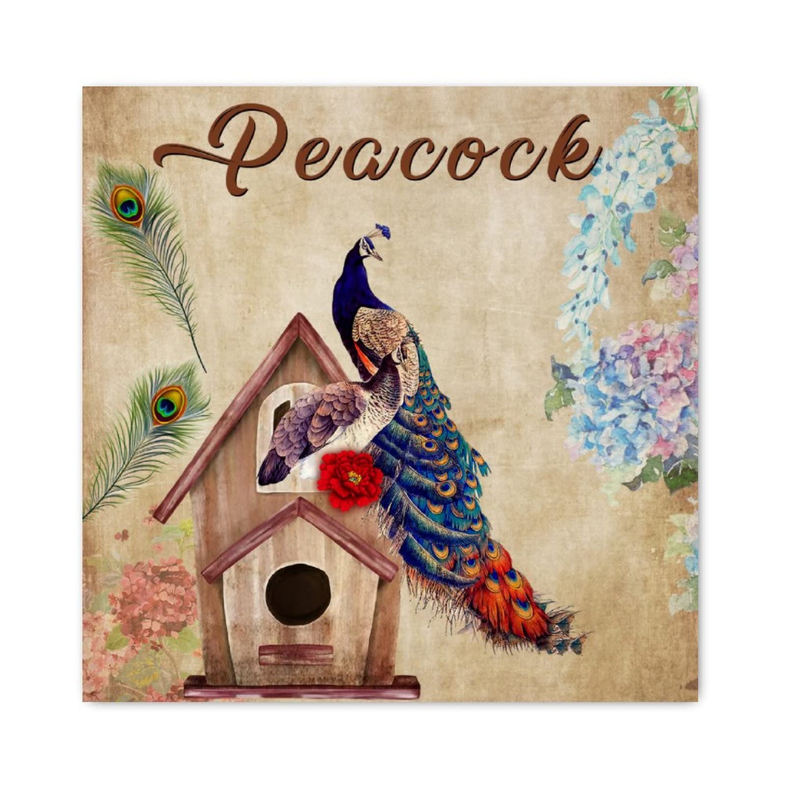Panneau en bois paon turquoise décoration murale fleur française salon