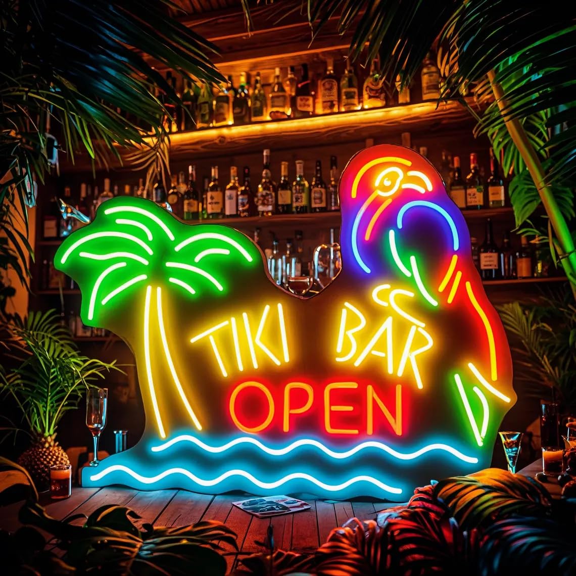tiki bar open with parrot and palm tree neon sign,custom home bar led multicolor beer cocktail neon light signs