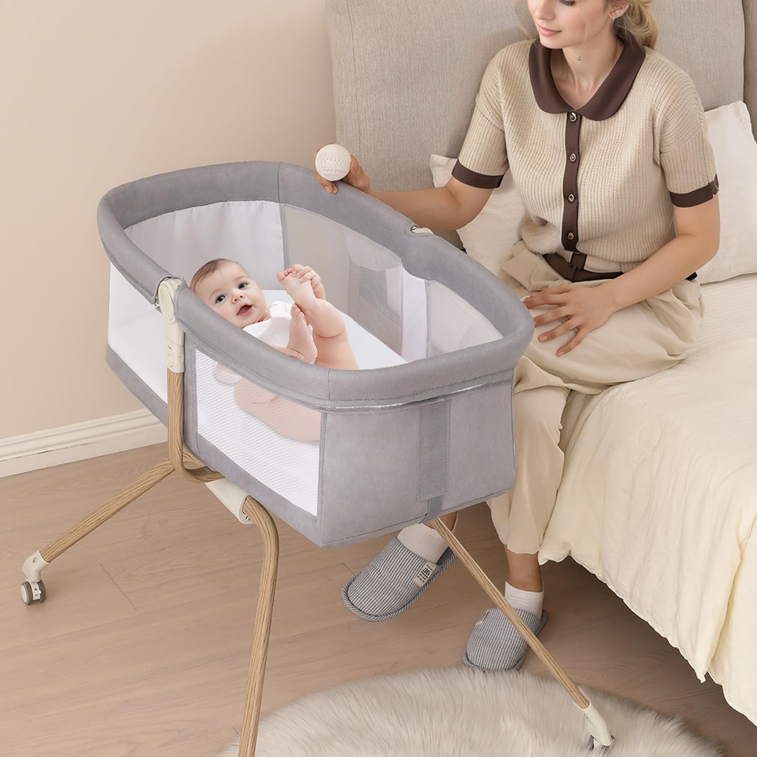 Bedside Crib, Quick Fold, Travel-Friendly, Breathable Mesh, Adjustable Angle?Grey?