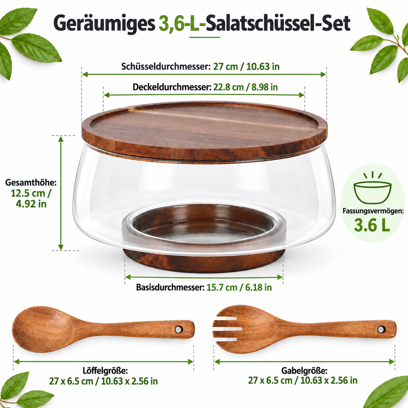 TWSOUL Zestaw misek do sałatek, 3,6 l, duża, szklana miska do sałaty, z drewnianą pokrywką i zdejmowaną drewnianą podstawą, przezroczysta miska do serwowania ze szkła na sałatkę, owoce, ciasto, stół