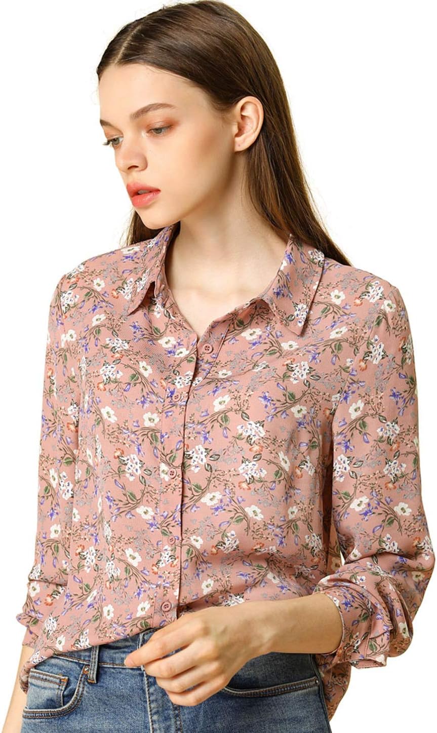 Allegra K Women’s Button Down Shirt Work Office Tops Long Sleeve Point Collar Floral Blouse