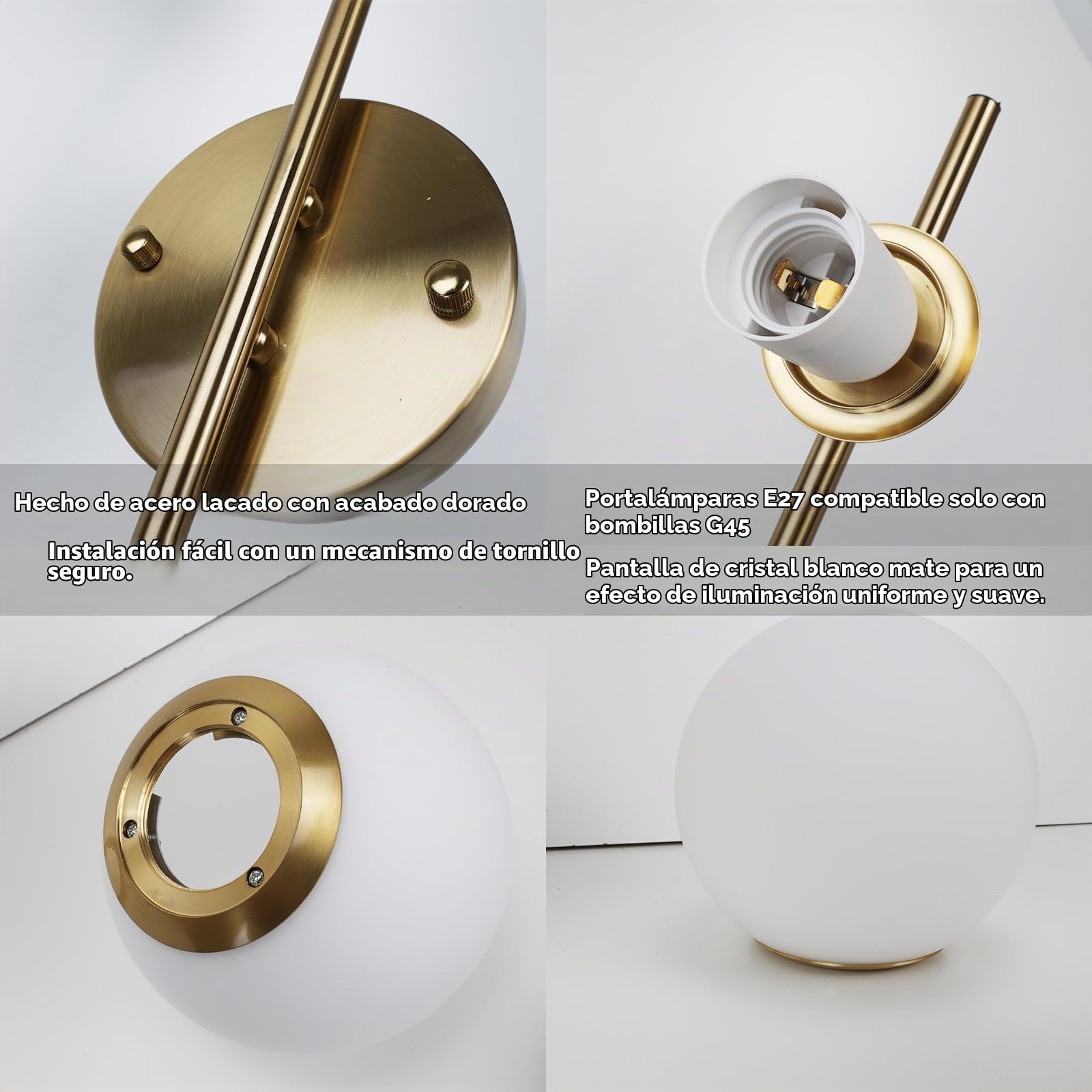 Alpinaluz Aplique de Pared Dorado, Lámpara de Pared con 2 Bolas de Cristal Opaco Blanco, Portalámparas E27 para Bombillas G45, Iluminación Decorativa para Dormitorio, Salón y Pasillo