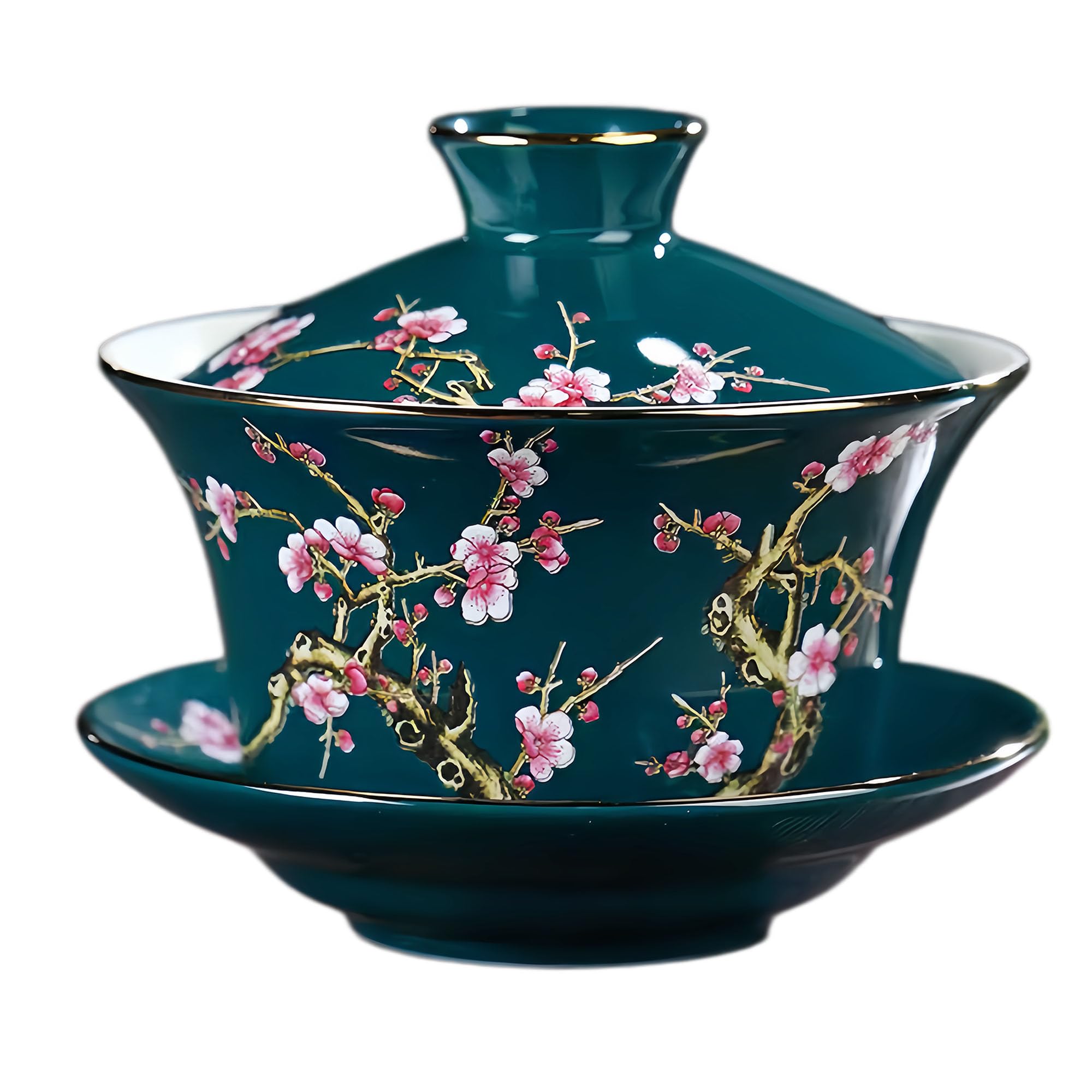 Porcelana Gaiwan Taza de Té Chino 300 ml, Flores Ciruela Verde | Tradicional Kung Fu Sancai taza de té de cerámica con tapa y platillo, para amantes del té