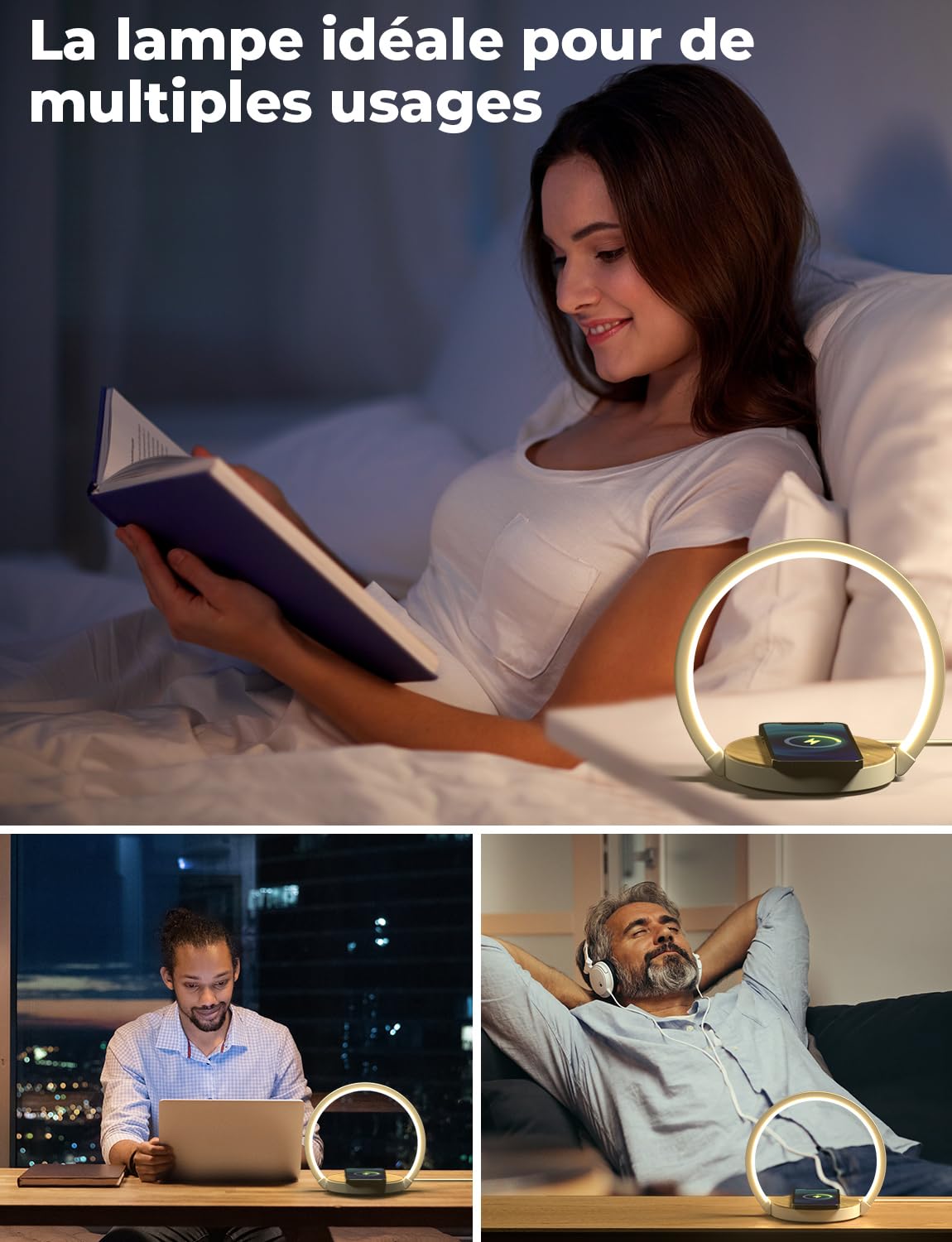 Bezprzewodowa ładowarka 15 W z lampką nocną LED - stacja szybkiego ładowania z 3 poziomami jasności dotykowej, regulowany kąt 180°, do sypialni i biura