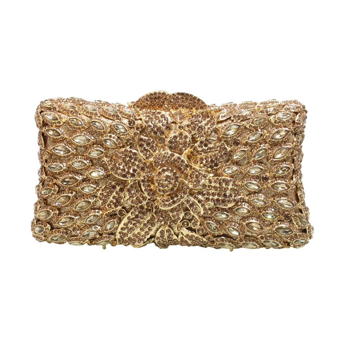 DKQXEIM Women Sparkling Rose Crystal Evening Clutch Floral Rhinestone Wedding Purse Chic Flower Handbag for Prom Dating Gold