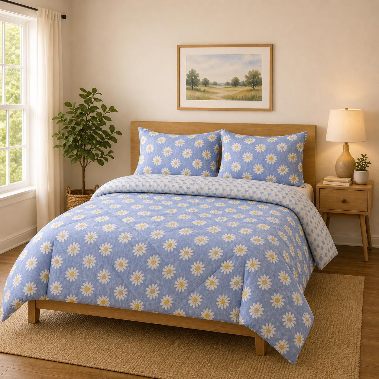 300 TC Floral Comforter 4 Piece Set 90x100 Inches King Size | Soft Lightweight AC Blanket | Reversible Printed Bedding Quilt | All Season Comforter Set (Daisy Dreams 4 piece Comforter Set)-image-37