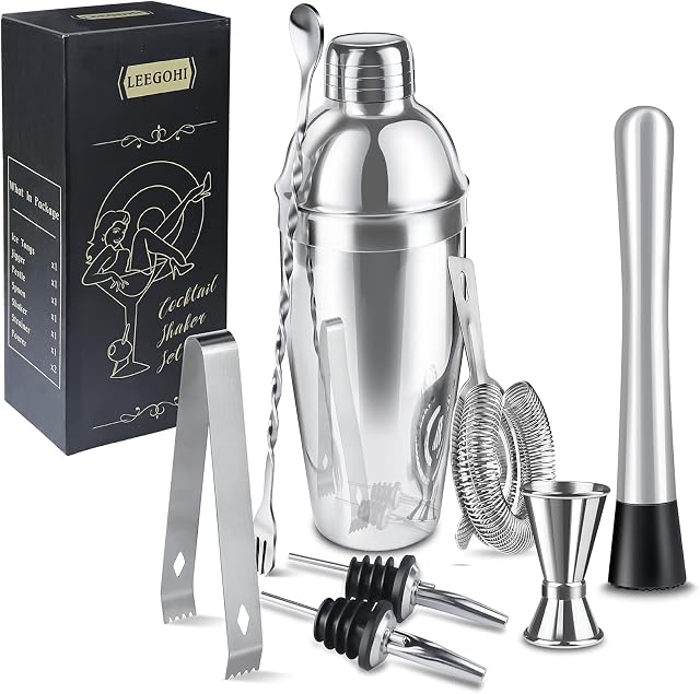 Cocktail Shaker Set|8pcs Cocktail Making Set Stainless Steel 750ml Shakers|Bartender Kit Bar Tool Set with Strainer, Pourers, Muddler, Double Jigger, Mixing Spoon at Home & Bar Gift Set