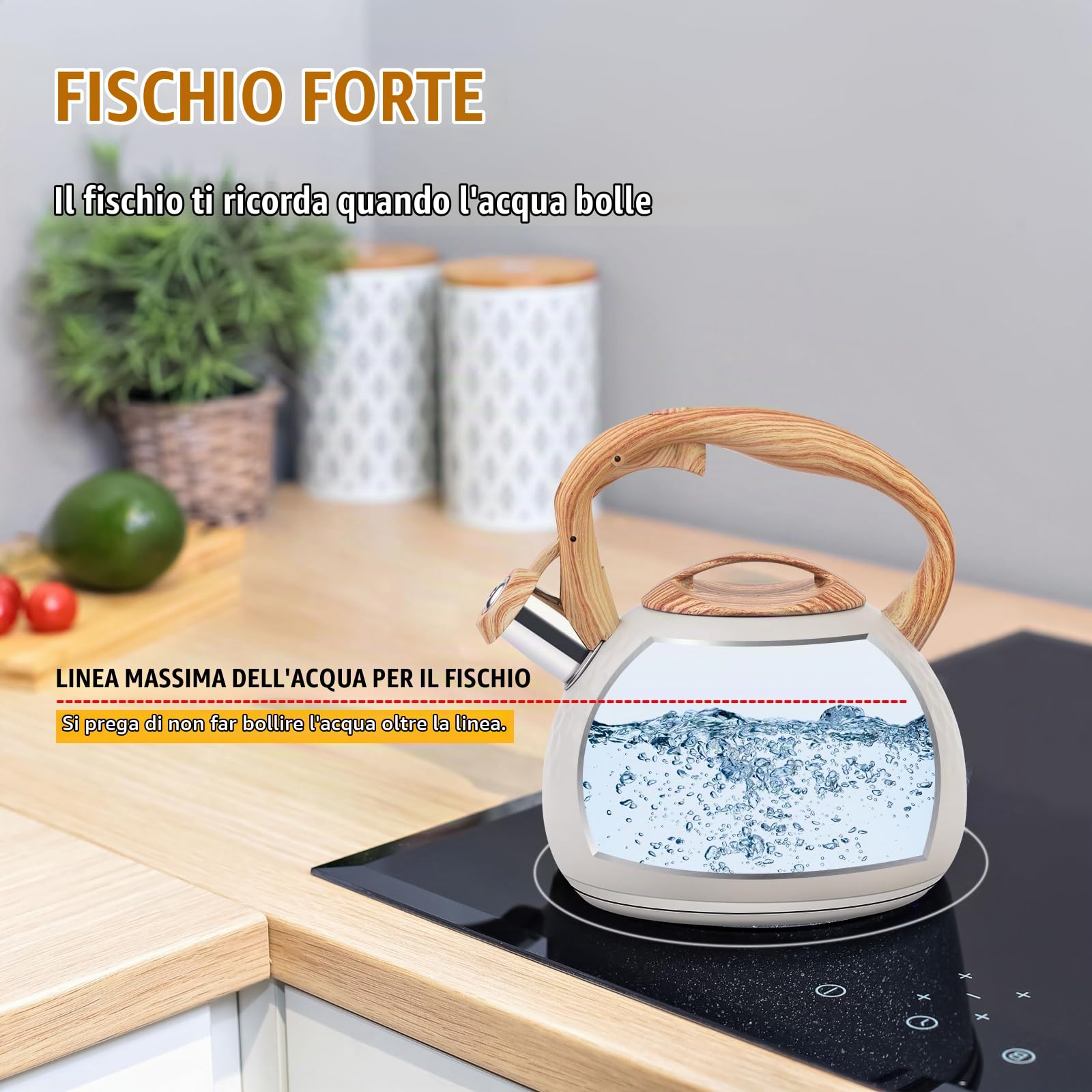 Bollitore moderno da 3 l, a induzione, in acciaio inox, per tutti i piani cottura, bollitore a fischio con manico in vena di legno, bollitore per tè caffè, beige