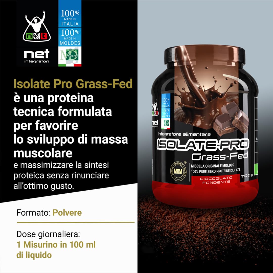 NET Integratori ISOLATE PRO Grass Fed - 700g Cioccolato Fondente- Proteine Isolate Con EAA Aminoacidi Essenziali e BCAA - Massimizza La Sintesi Proteica e La Crescita Muscolare