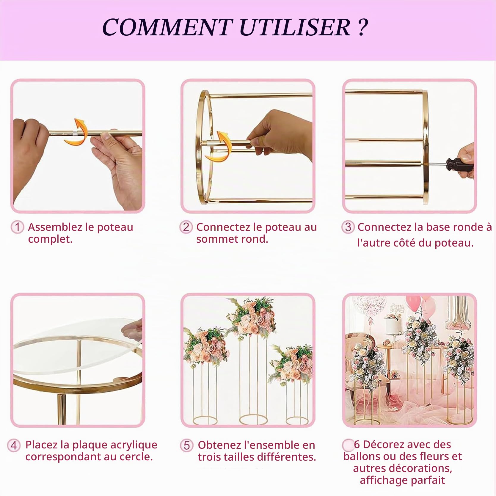 Lot de 3 supports cylindriques dorés pour fêtes, gâteaux ronds en métal, pour fête d'anniversaire, mariage, salon, terrasse