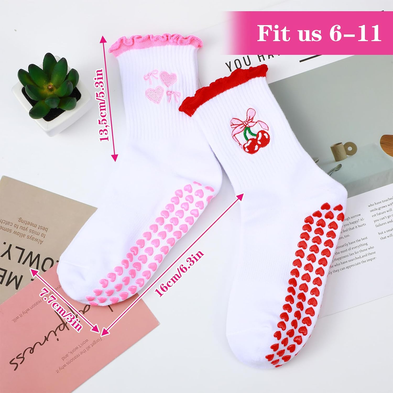 2 Pairs Pilates Socks with Grips for Women, Cotton Non-Slip Yoga Socks Cute Ruffle Grip Sock for Barre Fitness 5-10in - Image 3