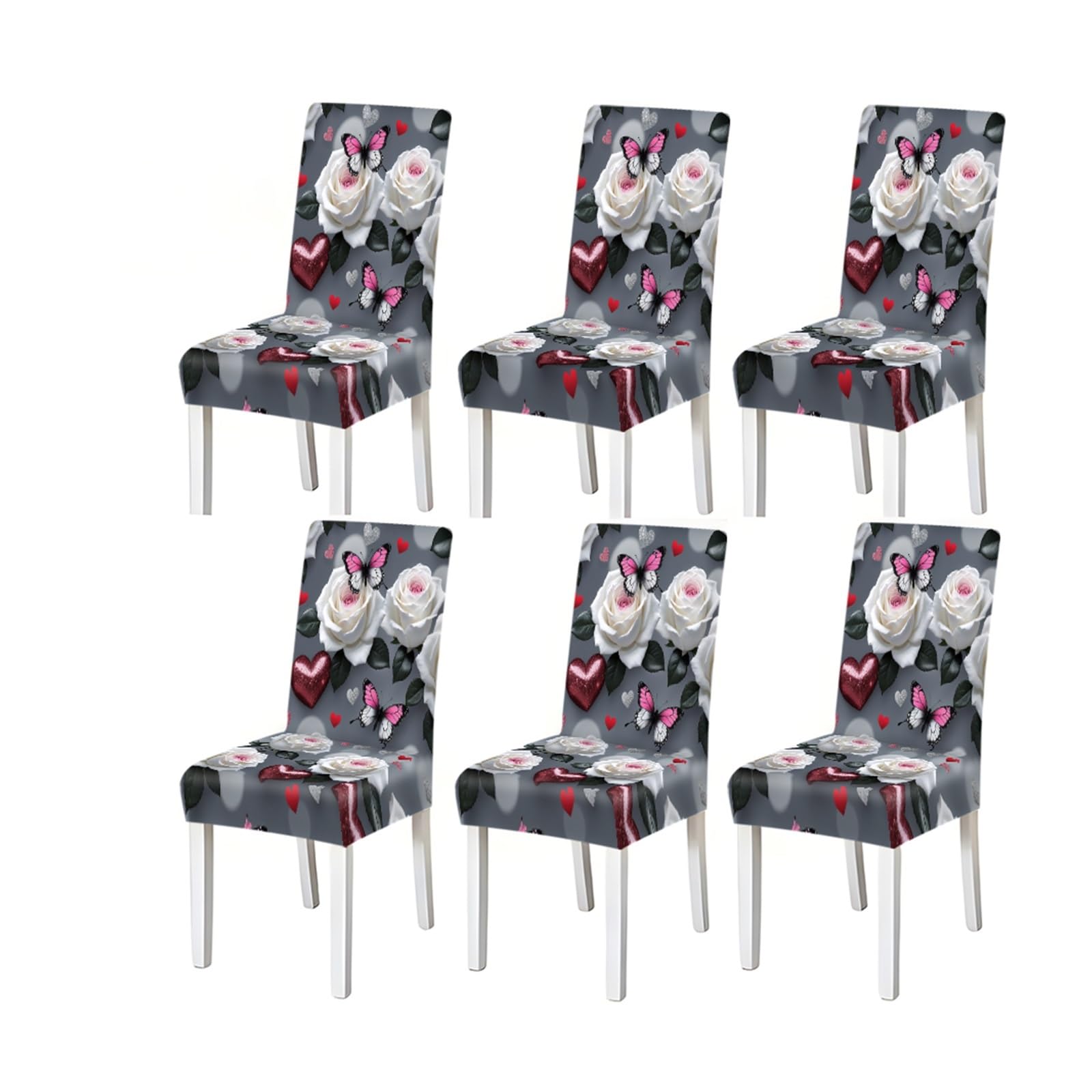 BOSUYBN White Rose Butterfly Heart Pattern Print Dining Chair Covers Set Of 2/4/6, Stretch Slipcovers For Kitchen Dining Room Furniture Protectors for Home Dining Room(6PCSChair cover)