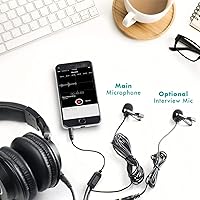 Vista 5 de Movo Lavalier Profesional Lapel Clip-on Entrevista Podcast Micrófono con Micrófono Secundario y Entrada de Monitoreo de Auriculares para iPhone