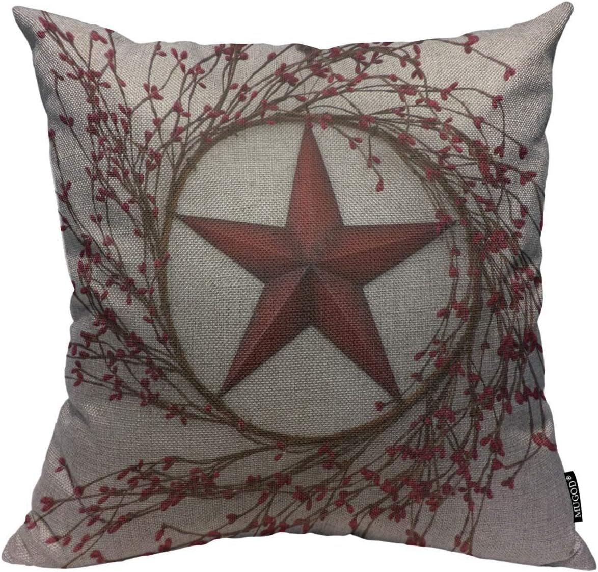 Mugod Throw Pillow Cover Western Country Red Stars Berries Patio Home Decorative Square Pillow Case for Men Women Boy Gilrs Bedroom Livingroom Cushion Cover 18x18 Inch, Beige Red Pillowcase