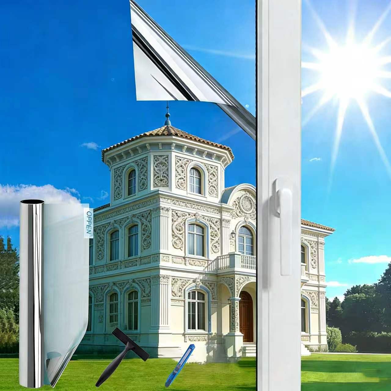 (80X600cm Silber) Fensterfolie Sonnenschutz Hitzeschutz innen oder außen | Rückstandslose Spiegelfolie Fenster Hitzeschutz | Selbstklebend UV Schutzfolie Fenster | Spiegelfolie| Sonnenschutzfolie