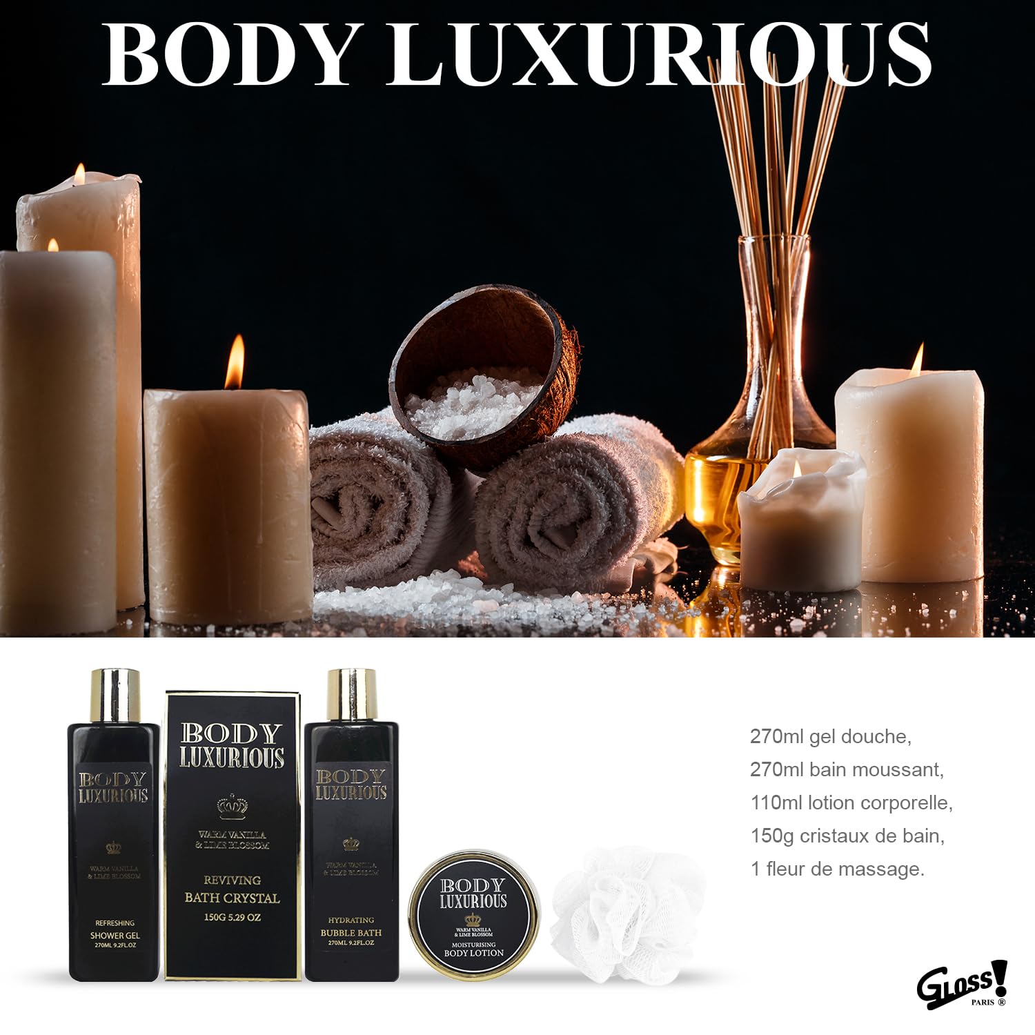 GLOSS ! BODY LUXURIOUS Bade-Set – Beauty-Set für Frauen – Wellness-Korb – Geschenkset zum Geburtstag, zu Weihnachten, für die Lehrerin, zum Muttertag - PANIER