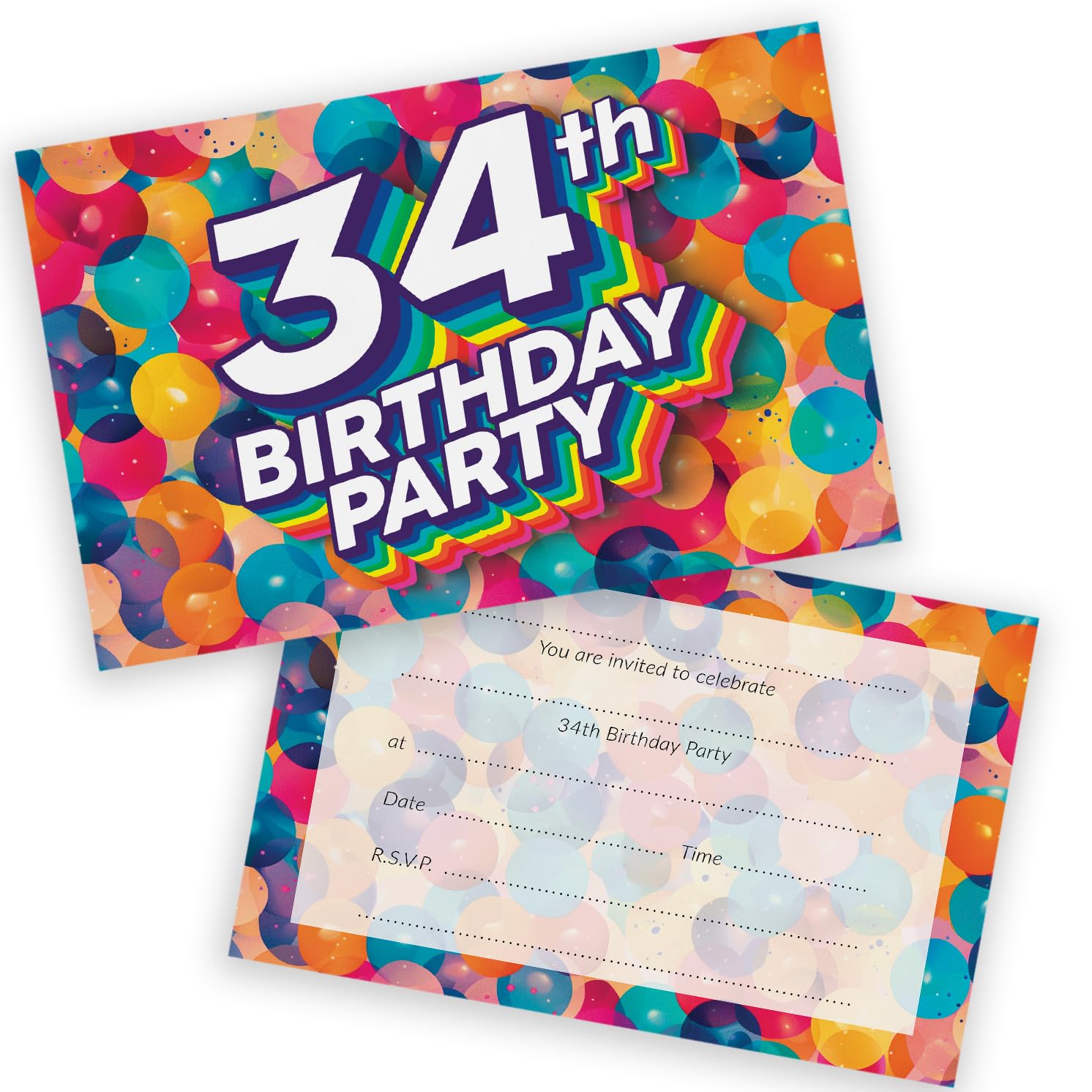 34th Birthday Party Invitations Men Women - Rainbow Balloons 20 Pack - Adults Birthday Invitations for Friends Family A6 Bday Party Invites Invitation Cards with Folding Envelopes