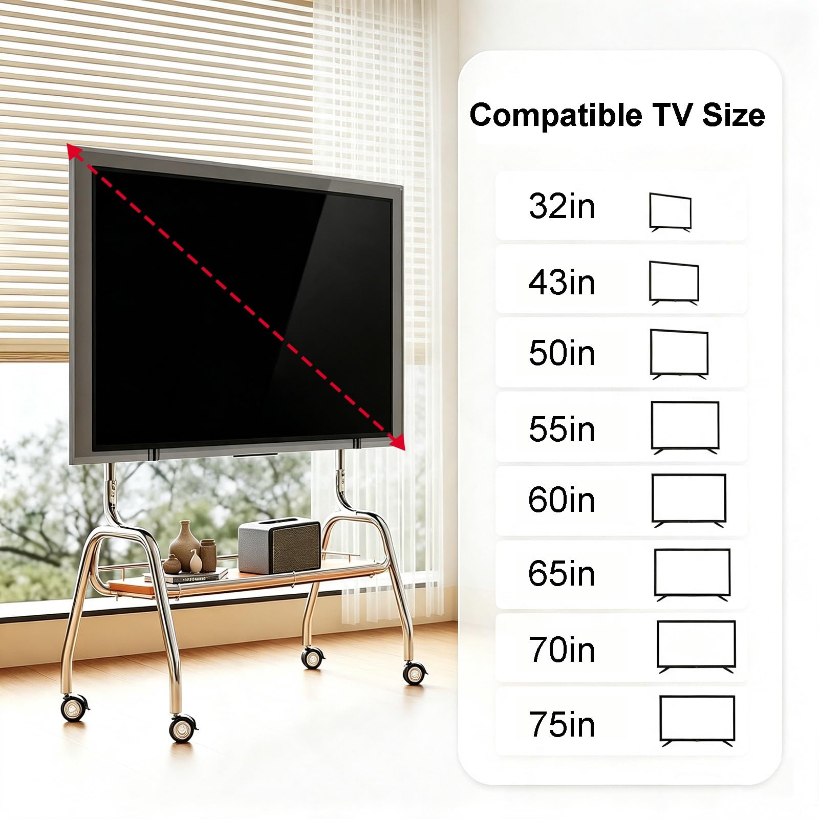 Supporto TV Mobile, Carrello TV Portatile Autoportante | Ruote Bloccabili a 360°, Ripiano Portaoggetti, Compatibile con TV Piatti da 32–75 Pollici(White,120cm/47in)
