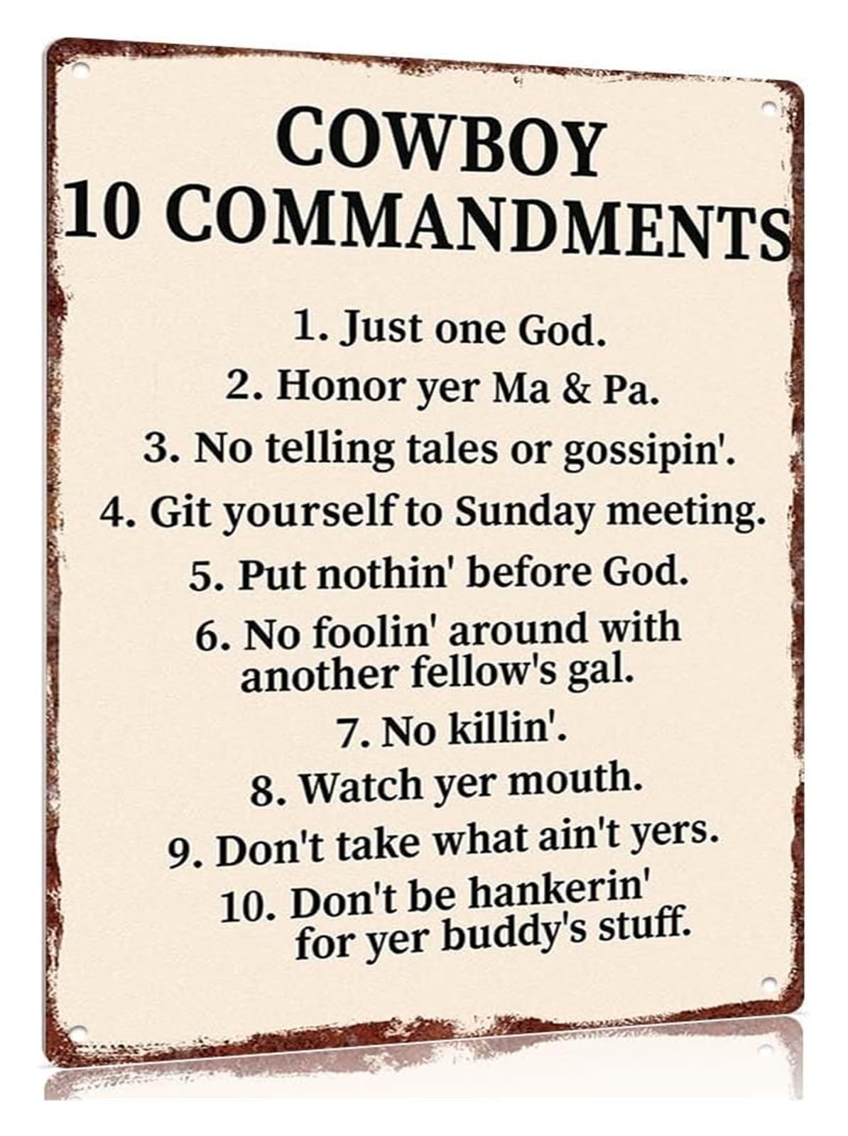 ZDVHOMCB Retro Cowboy Ten Commandments Tin Sign Western Law Plaque For Wild West Theme Cafe Barn 8 X 12 inch