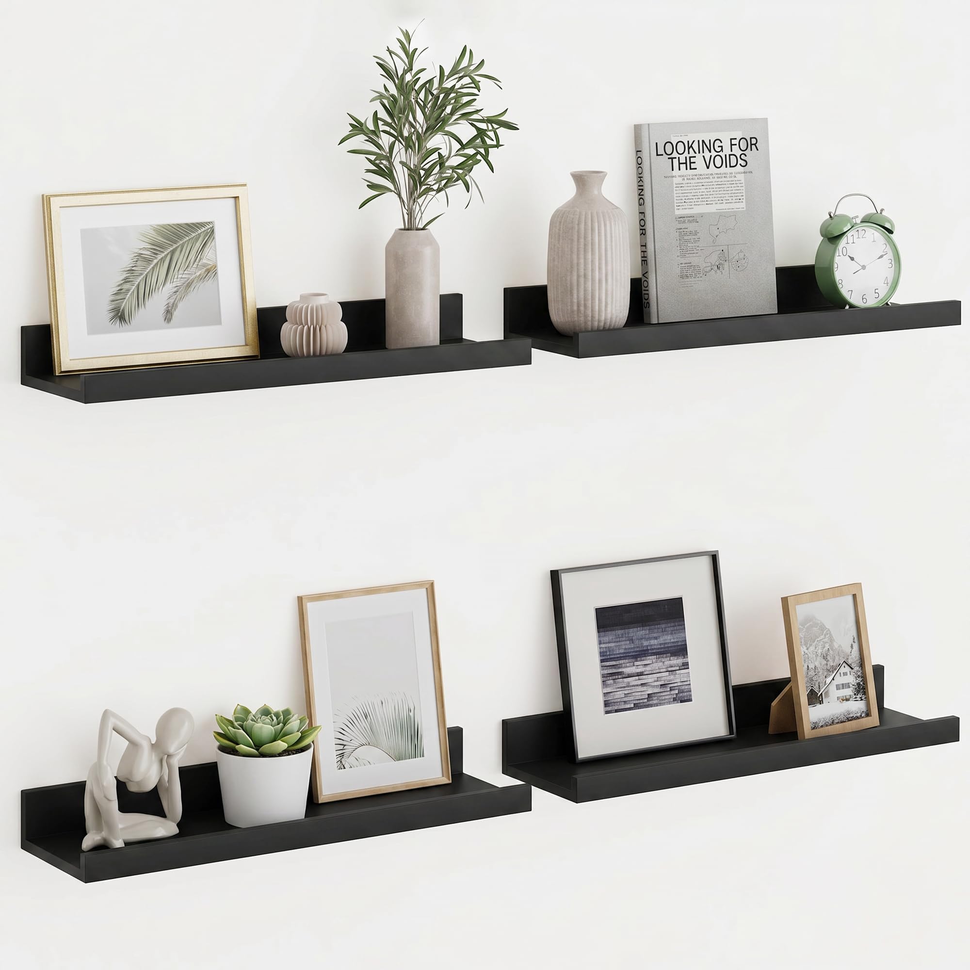 Funbuty Floating Shelves, 16 inch Wooden Shelves of Pack 4, Black Shelves for Photo Frames Picture Books Vinyl Figure, Floating Shelf Wall Mount for Kitchen Bedroom Living Room Bathroom Nursery Deco