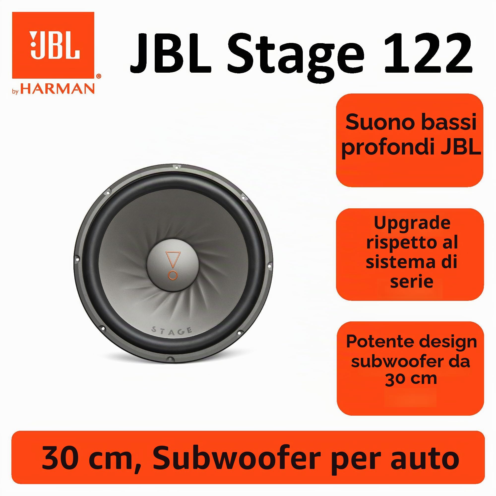 JBL Stage 122 Subwoofer Auto 300 mm (12”), passivo, 250W RMS e 1000W Max, 4 Ohm, 91 dB, risposta in frequenza 34–200 Hz, bobina da 2”, altezza incasso 15,4 mm, per box o installazione libera