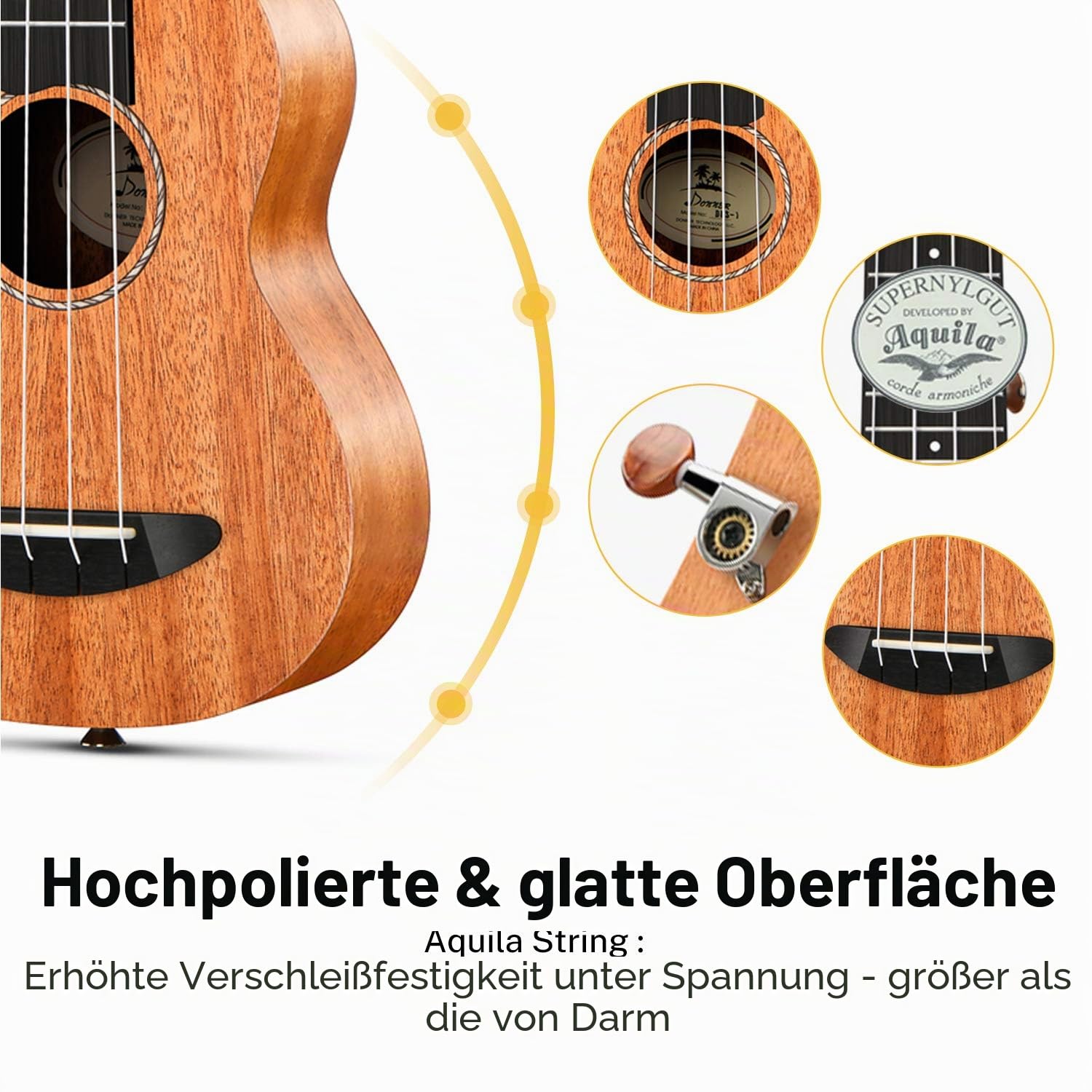 Donner Sopran-Ukulele, Mahagoni, 21 Zoll, Ukulele-Anfängerset, Online-Unterricht, Gigbag, Gurt, Nylonsaiten, Stimmgerät, Plektren, Stoff, DUS-1 Ukalalee-Set
