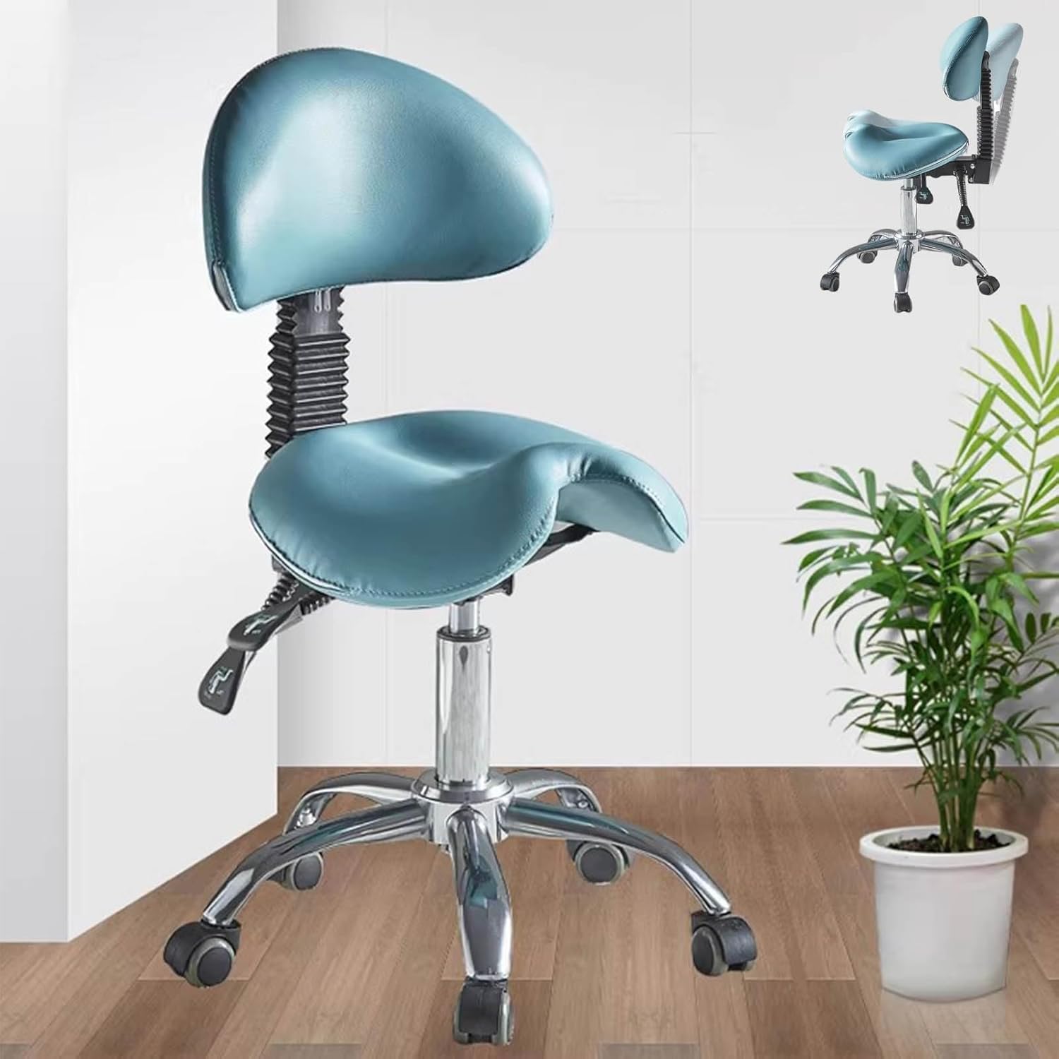 Dental Hygienist Saddle Stool with Back Support - Adjustable Height Rolling Chair, Custom Color Options, Ergonomic Design for Comfort in Dental and Office Use