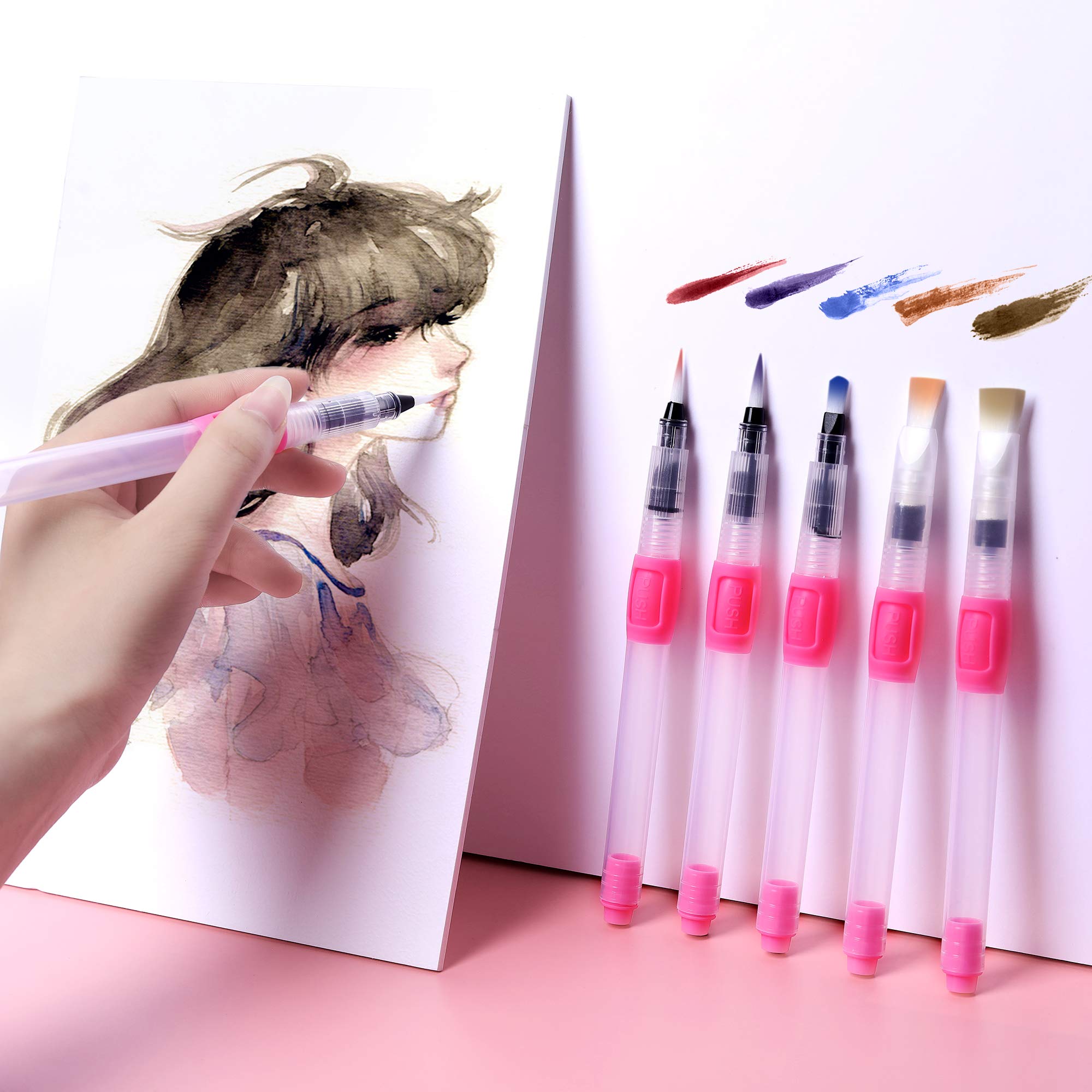 6 Pinceaux Rechargeables Tebbomp Pour Aquarelle - Pointe Fine/Plate, Rose, Pour Débutants/Artistes