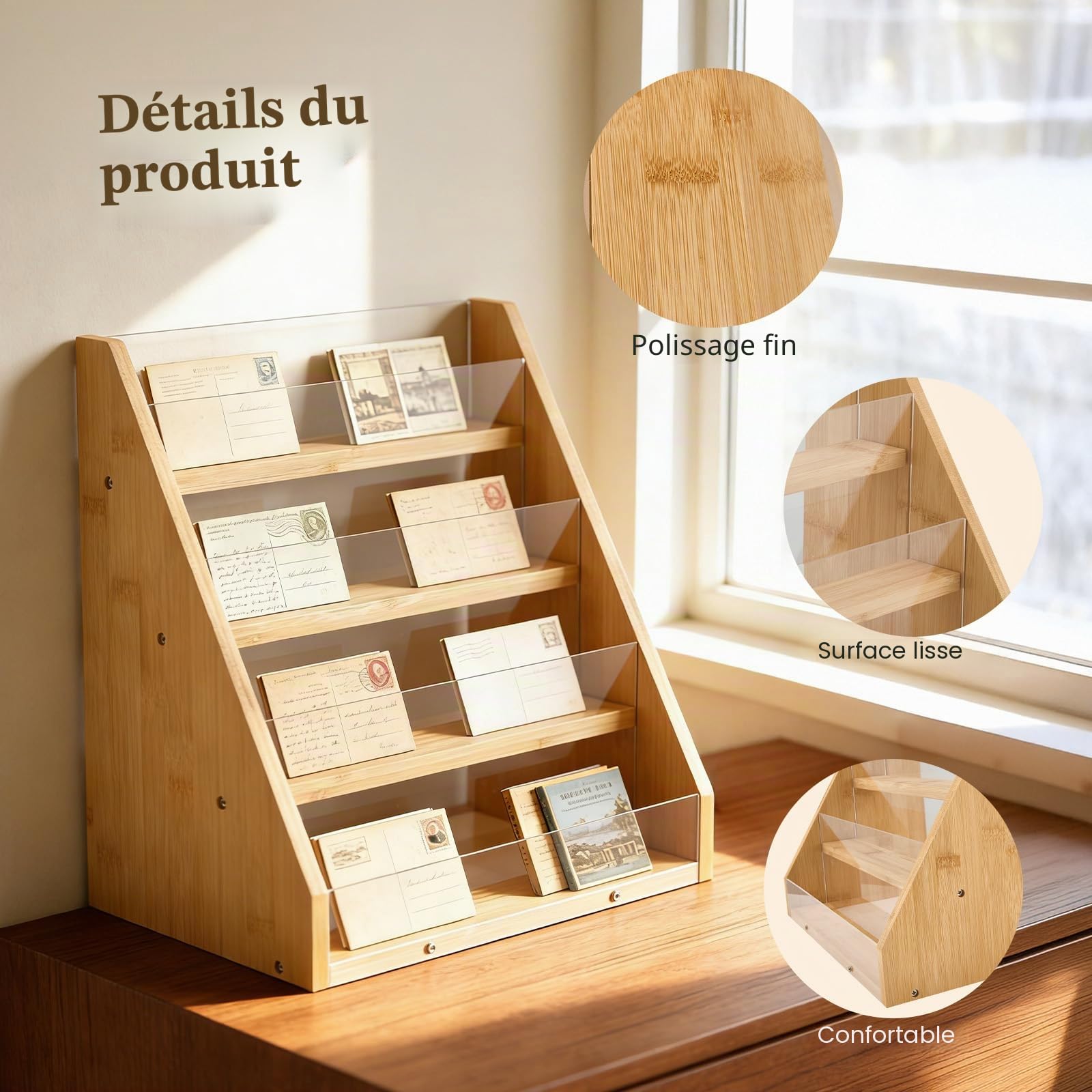 Présentoir à 4 Niveaux pour Cartes en Bambou et Acrylique, Support d'Exposition Portable avec Vitrine, Pour Étiquettes, Comptoir, Commerce de Détail, Bureau et Événements