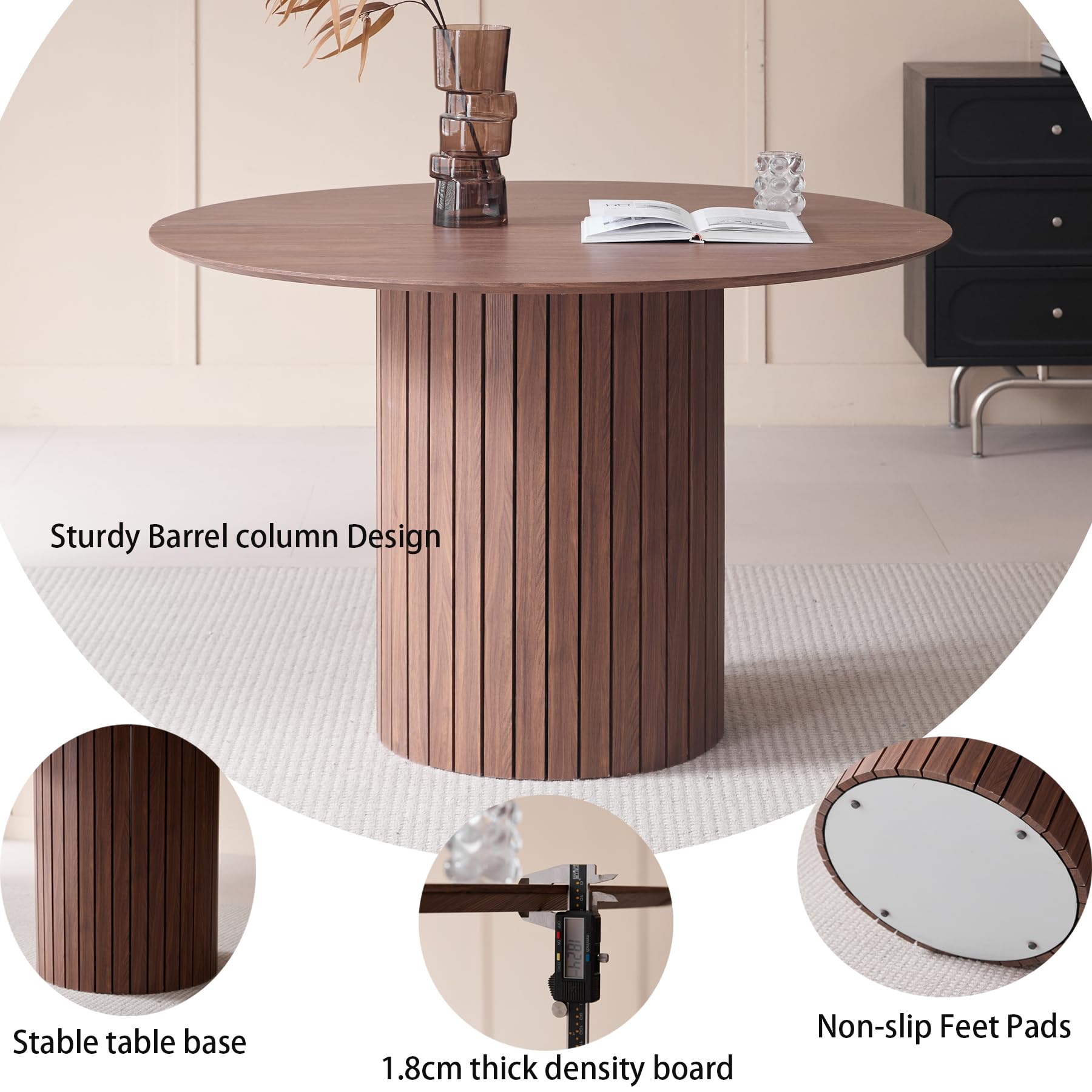 GrandCA HOME Runder Esstisch, moderner Küchentisch 120cm, Esszimmertisch mit rundem Holzsockel, große MDF-Arbeitsfläche für 4-6 Personen, Dunkelbraun